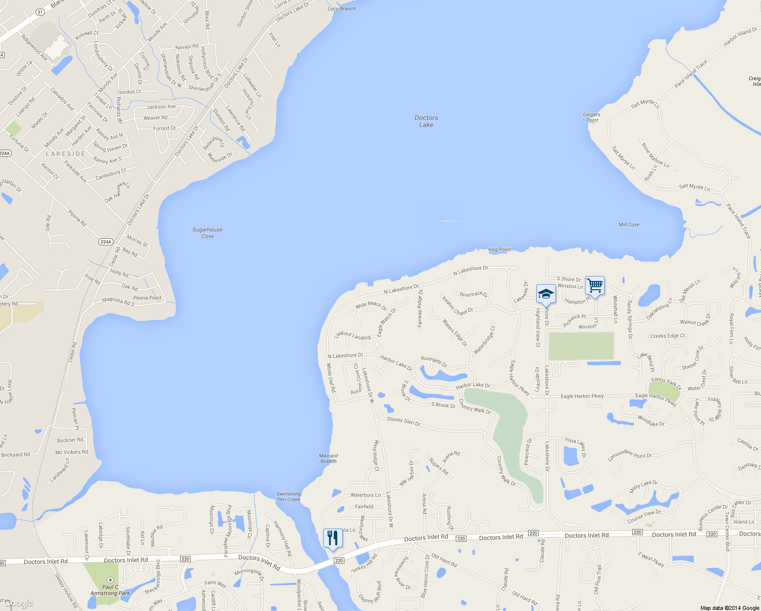 map of restaurants, bars, coffee shops, grocery stores, and more near 2214 Wide Reach Drive in Fleming Island