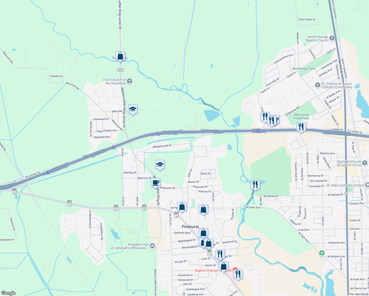 map of restaurants, bars, coffee shops, grocery stores, and more near 3625 Whippoorwill Street in Orange