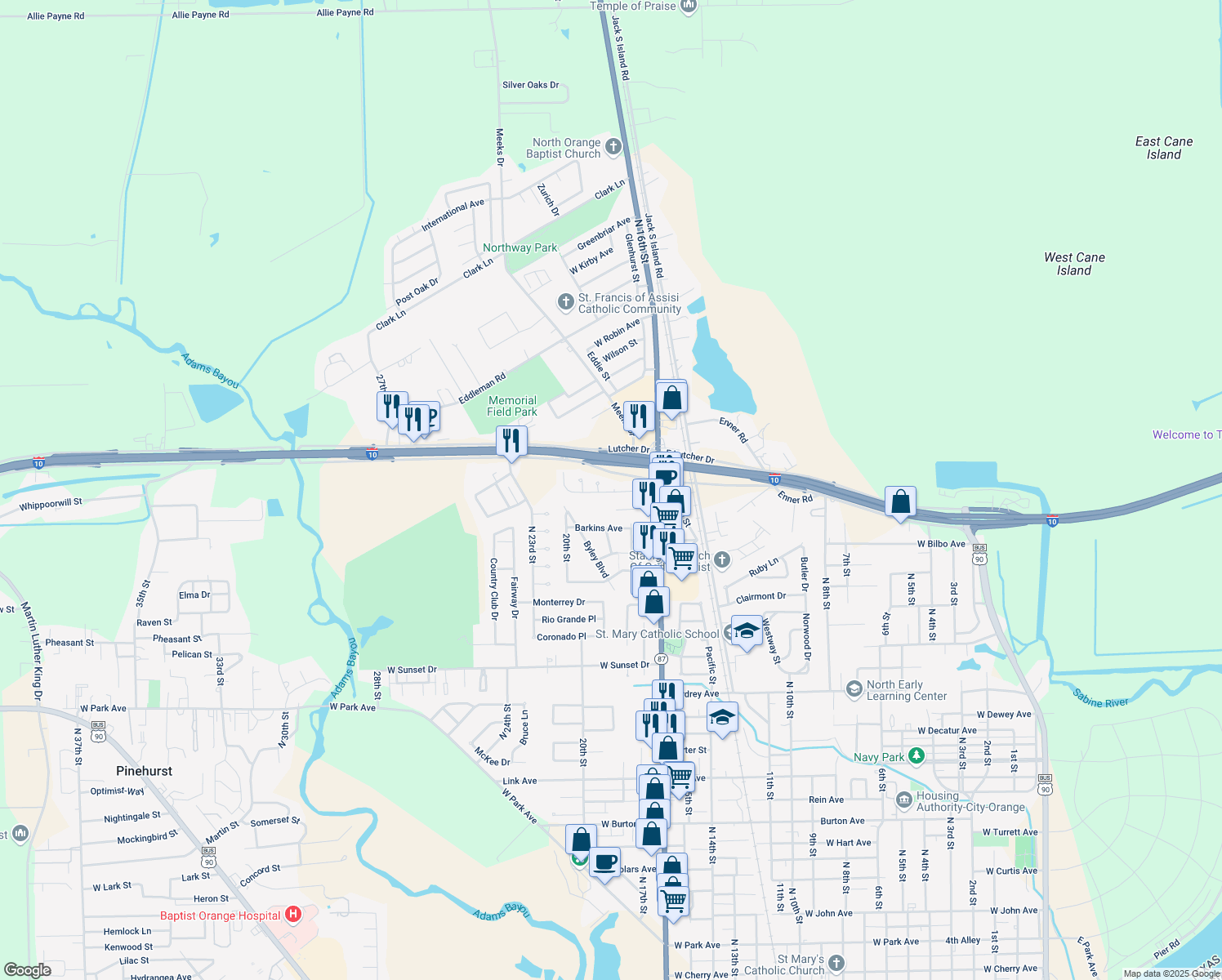 map of restaurants, bars, coffee shops, grocery stores, and more near 3301 18th Street in Orange