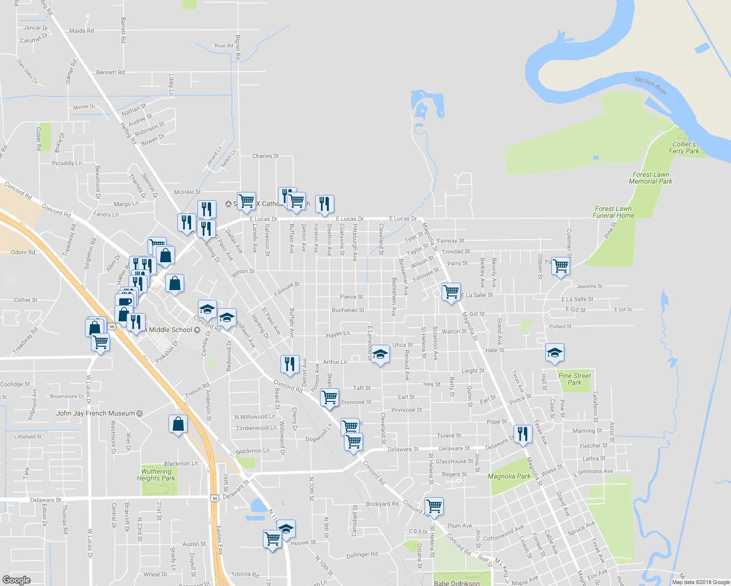 map of restaurants, bars, coffee shops, grocery stores, and more near 2366 Pierce Street in Beaumont