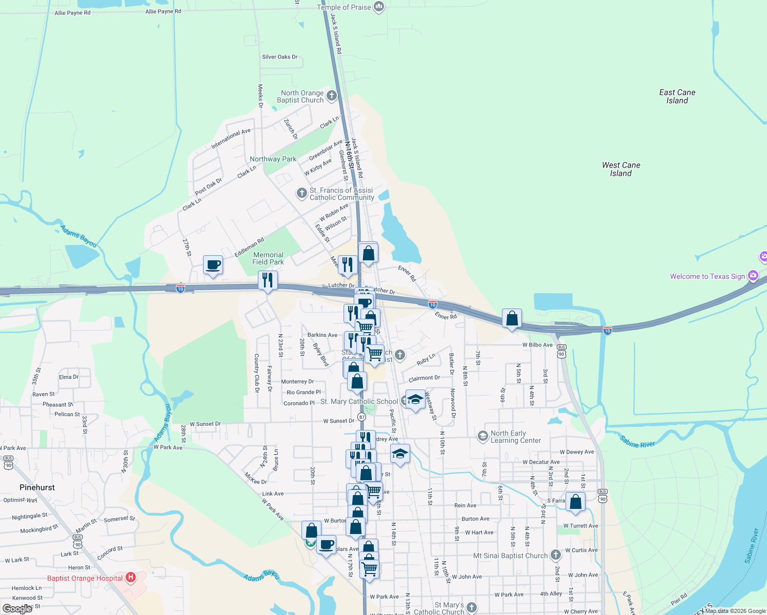 map of restaurants, bars, coffee shops, grocery stores, and more near 3499 Bob Hall Road in Orange