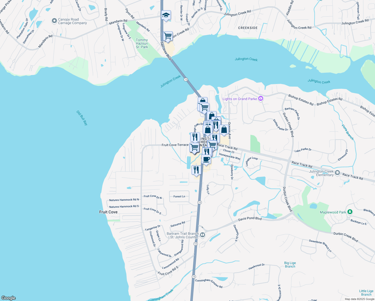 map of restaurants, bars, coffee shops, grocery stores, and more near 1472 Fruit Cove Road North in Jacksonville