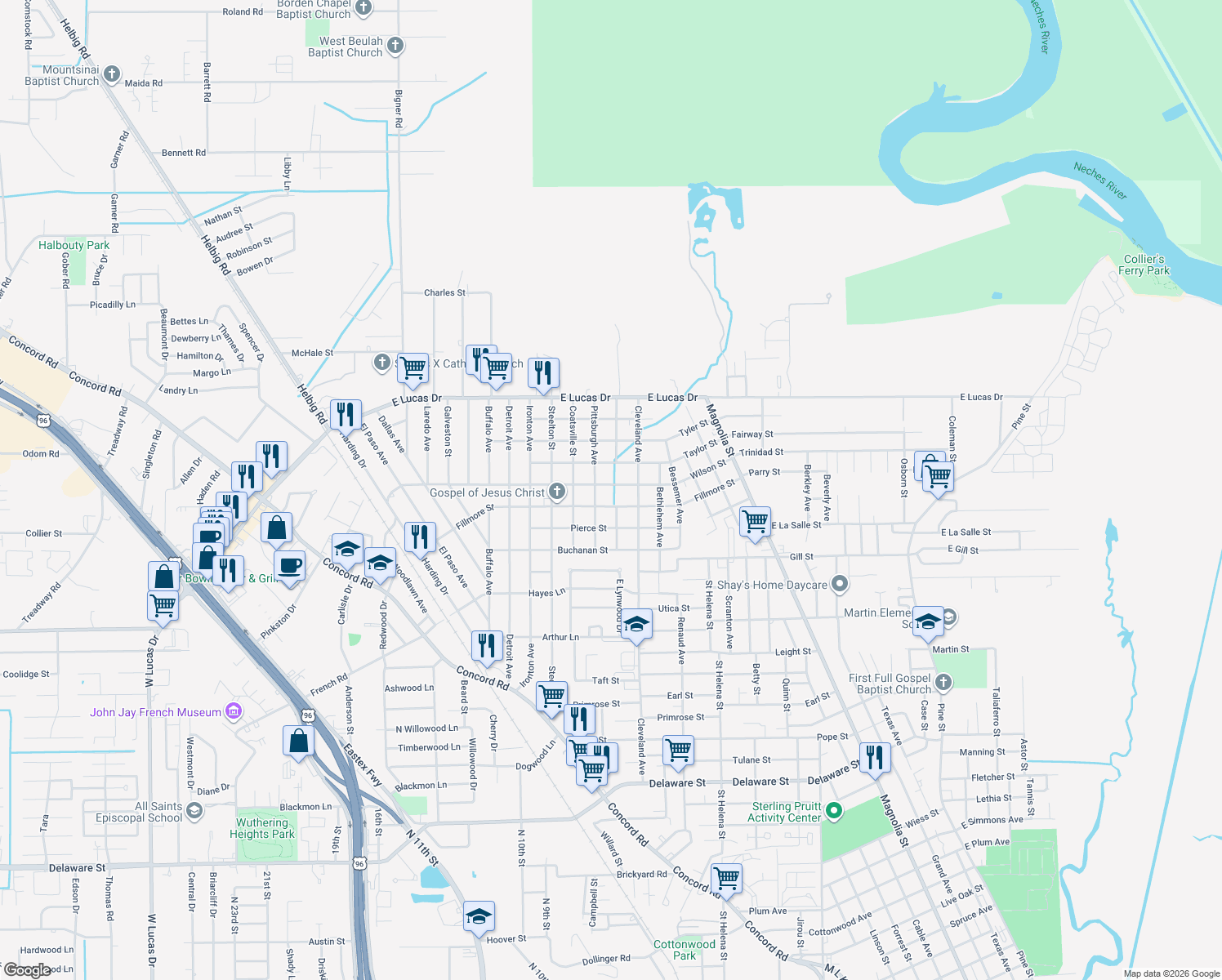 map of restaurants, bars, coffee shops, grocery stores, and more near 2365 Wilson St in Beaumont