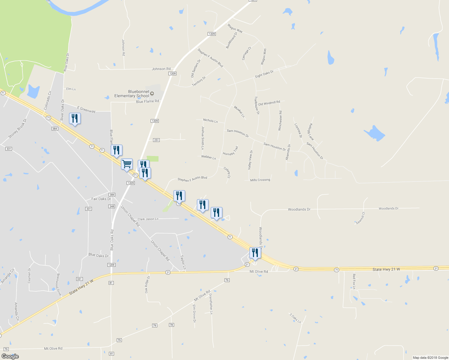 map of restaurants, bars, coffee shops, grocery stores, and more near 137 Colony Court in Bastrop