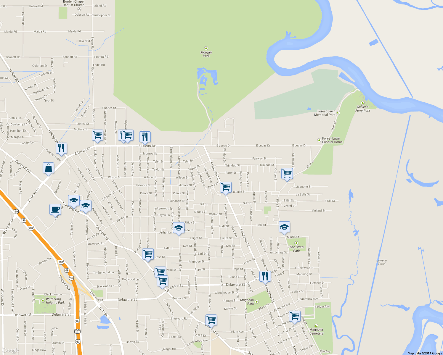 map of restaurants, bars, coffee shops, grocery stores, and more near 4350 Magnolia St in Beaumont