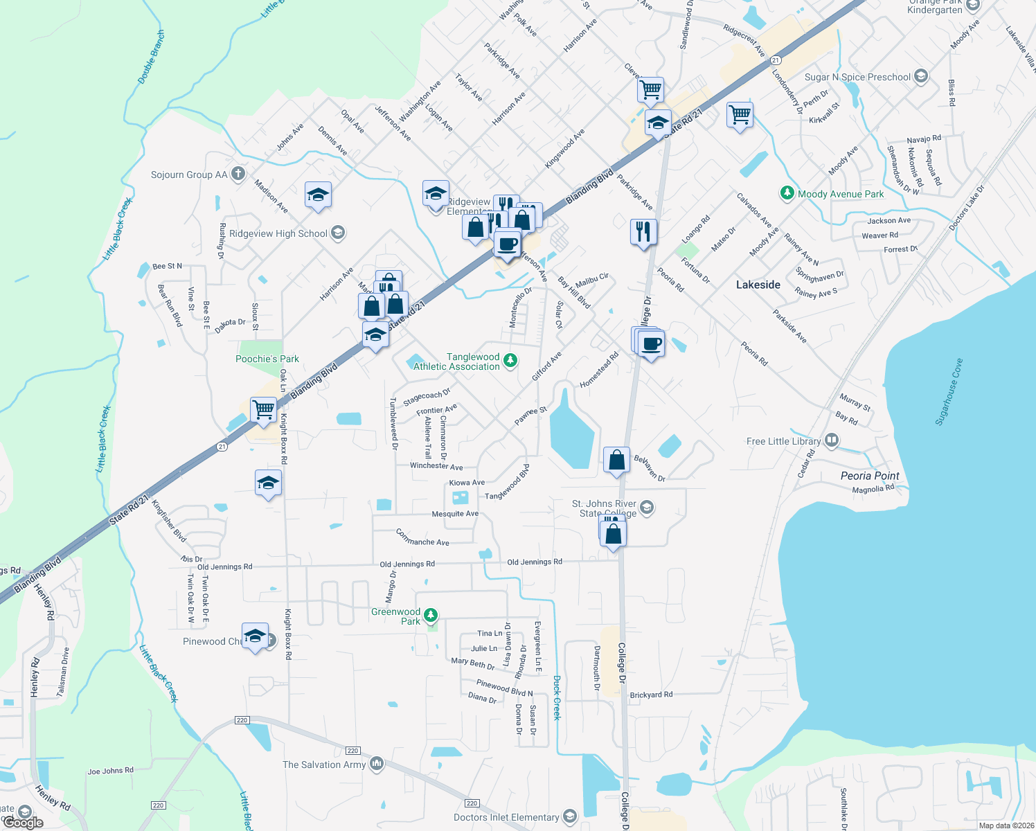 map of restaurants, bars, coffee shops, grocery stores, and more near 1484 Pawnee Street in Orange Park