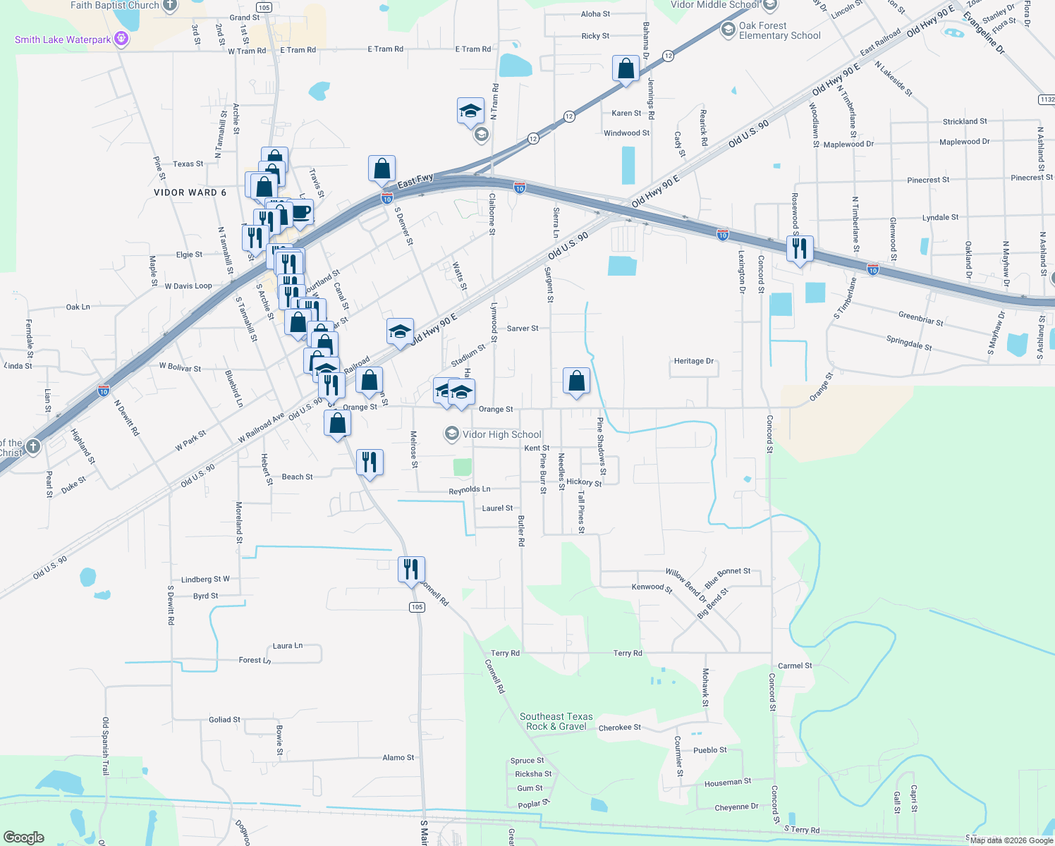 map of restaurants, bars, coffee shops, grocery stores, and more near 125 Butler Rd in Vidor