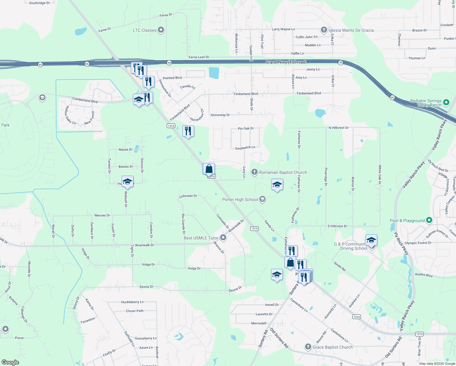 map of restaurants, bars, coffee shops, grocery stores, and more near 19518 Lazy Lane in Porter