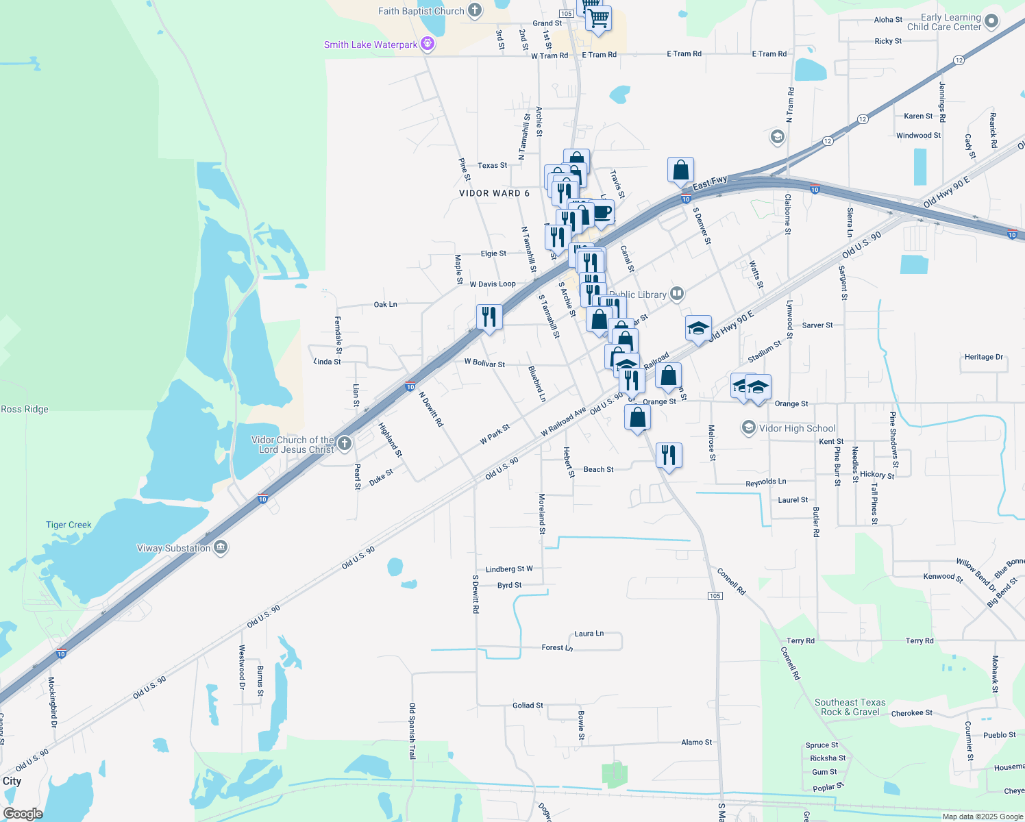 map of restaurants, bars, coffee shops, grocery stores, and more near 235 Mill Street in Vidor