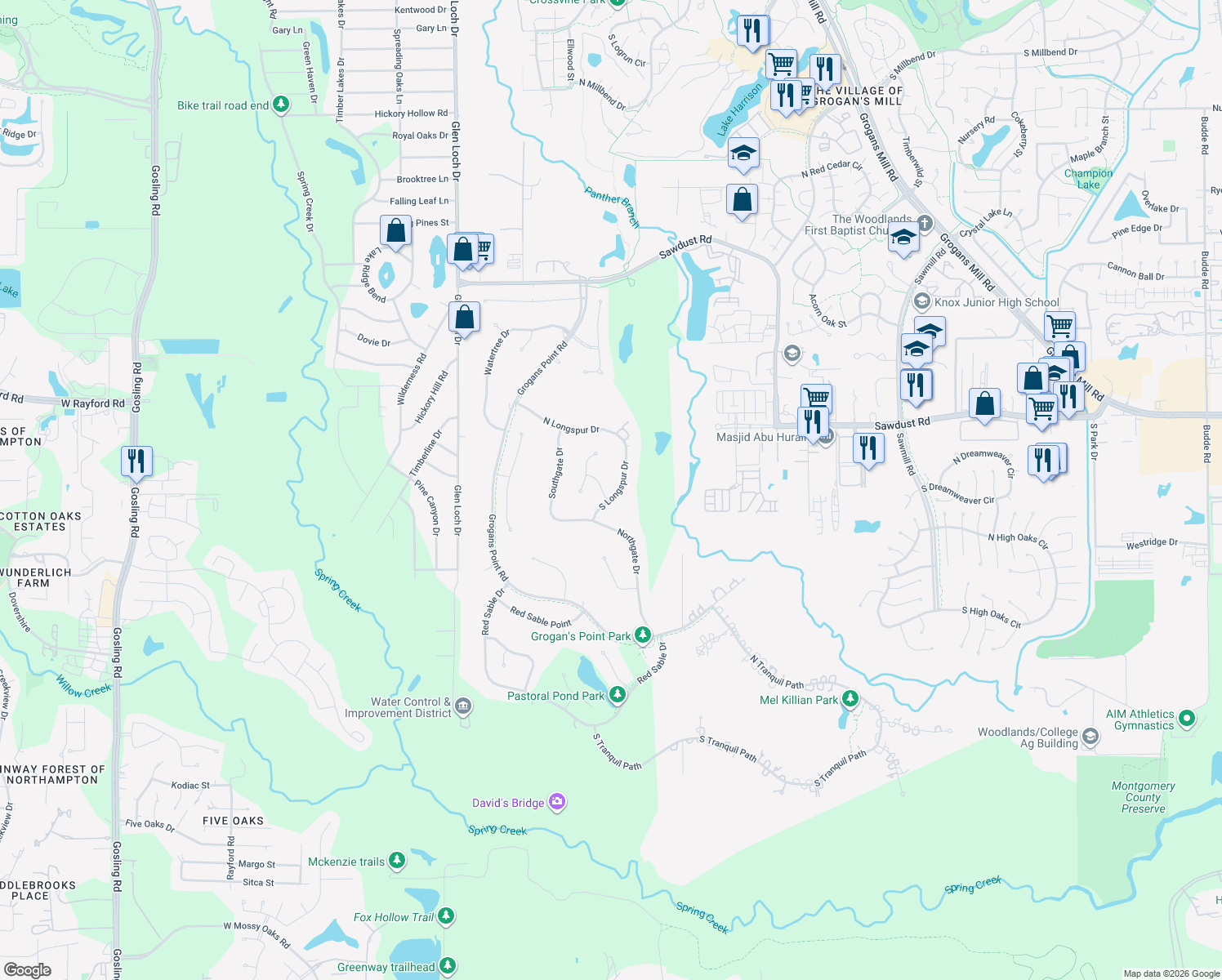 map of restaurants, bars, coffee shops, grocery stores, and more near 2 Shaker Lane East in Spring