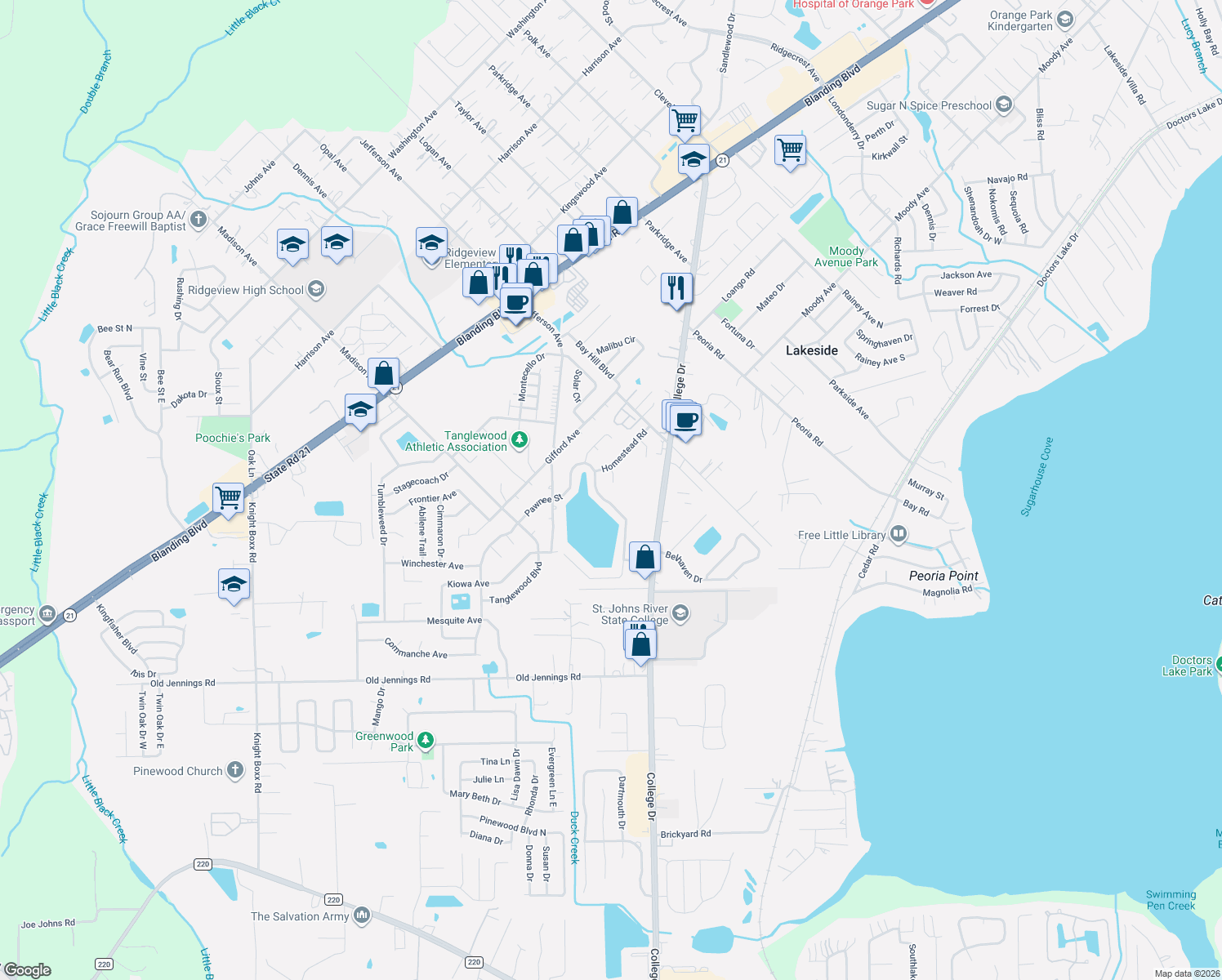 map of restaurants, bars, coffee shops, grocery stores, and more near 1440 Waco Court in Orange Park