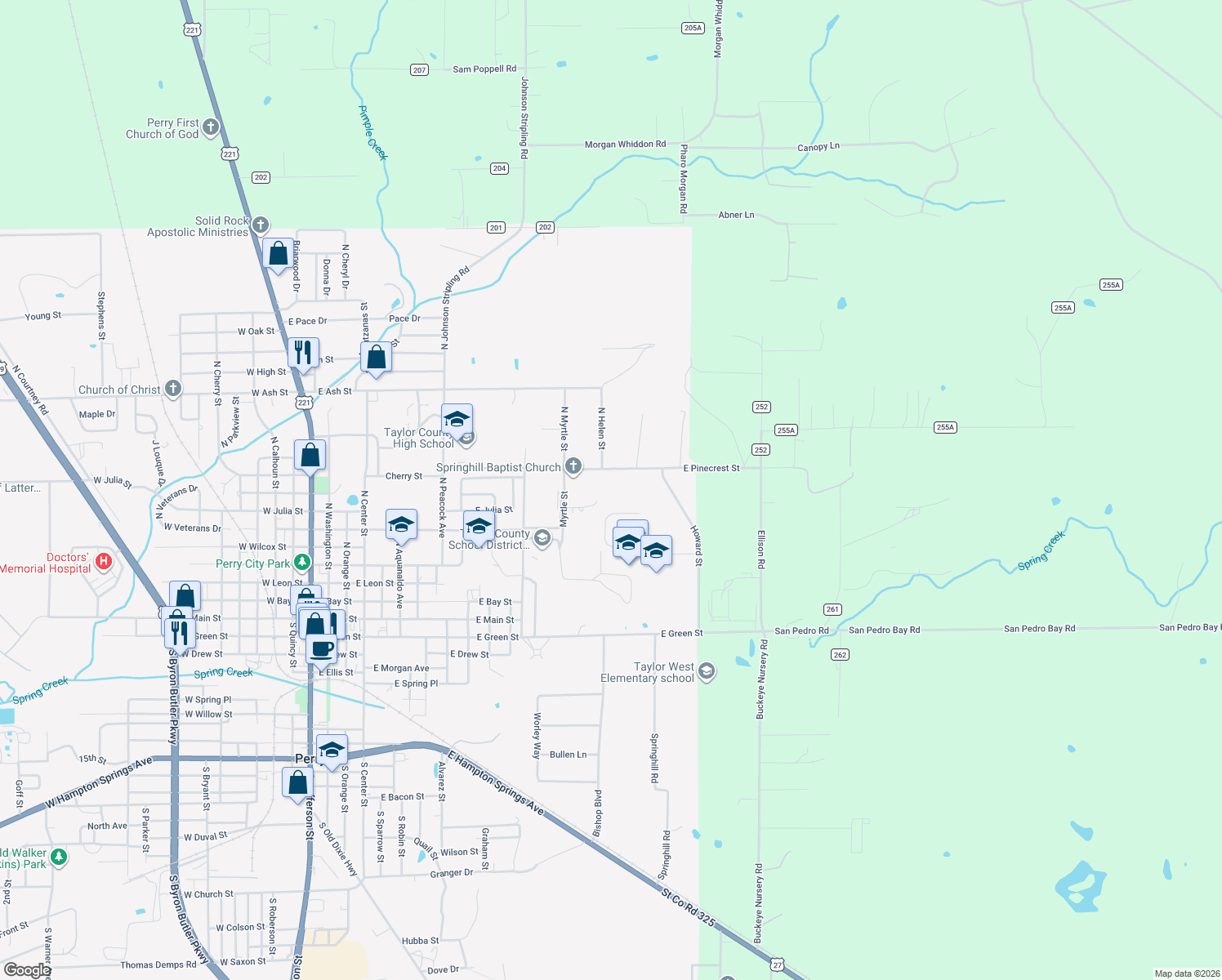 map of restaurants, bars, coffee shops, grocery stores, and more near 1259 West Pinecrest Street in Perry