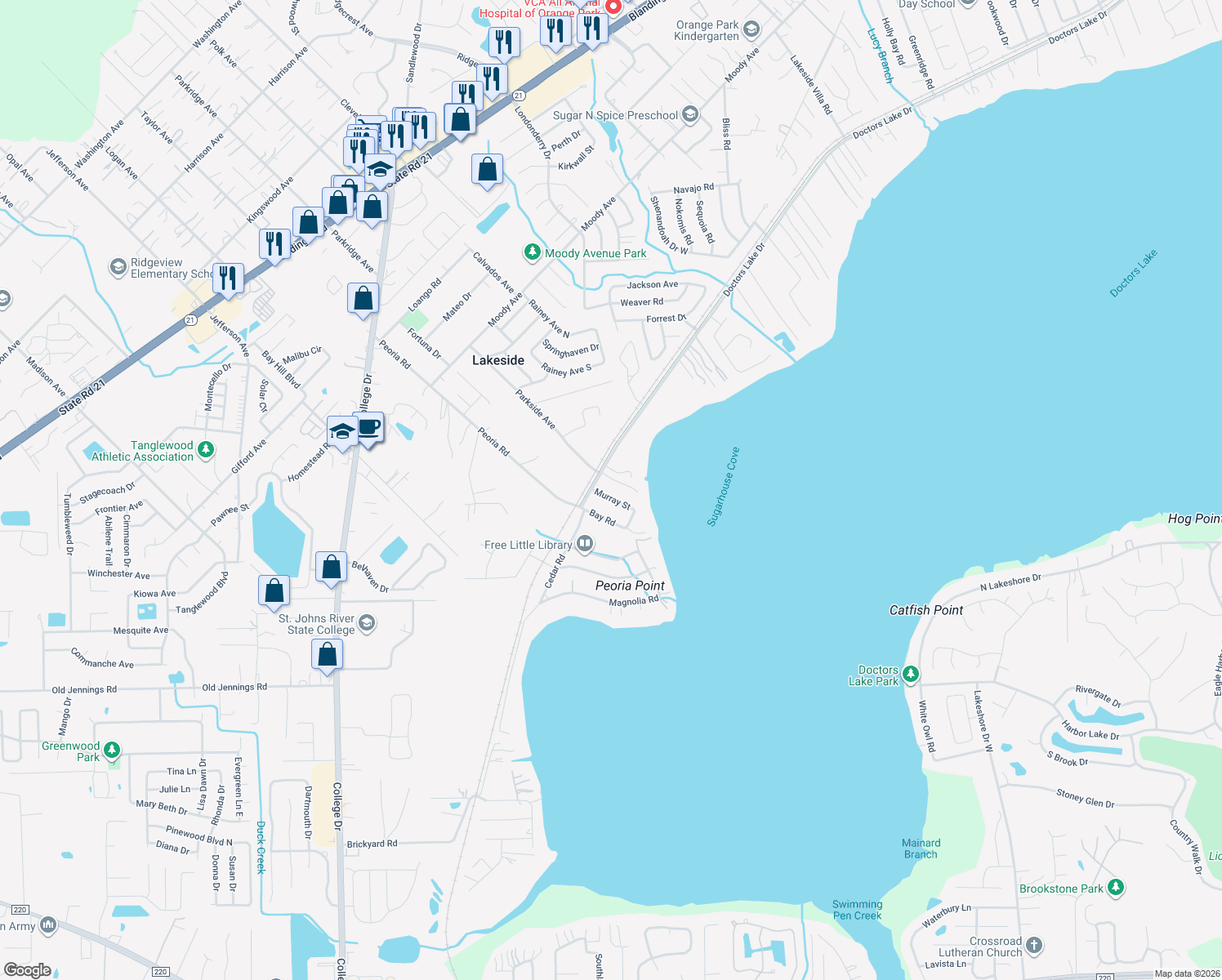 map of restaurants, bars, coffee shops, grocery stores, and more near 3027 Murray Street in Orange Park