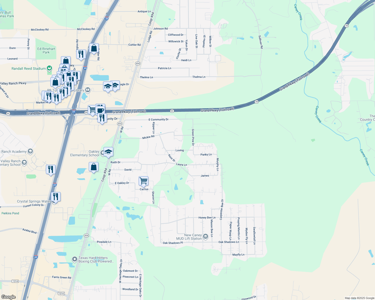 map of restaurants, bars, coffee shops, grocery stores, and more near 23455 Loving in New Caney