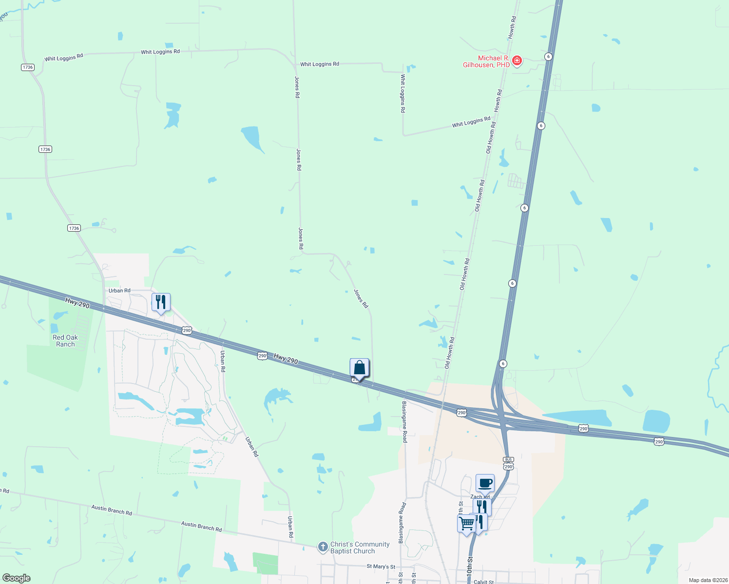 map of restaurants, bars, coffee shops, grocery stores, and more near 23640 Jones Rd in Hempstead