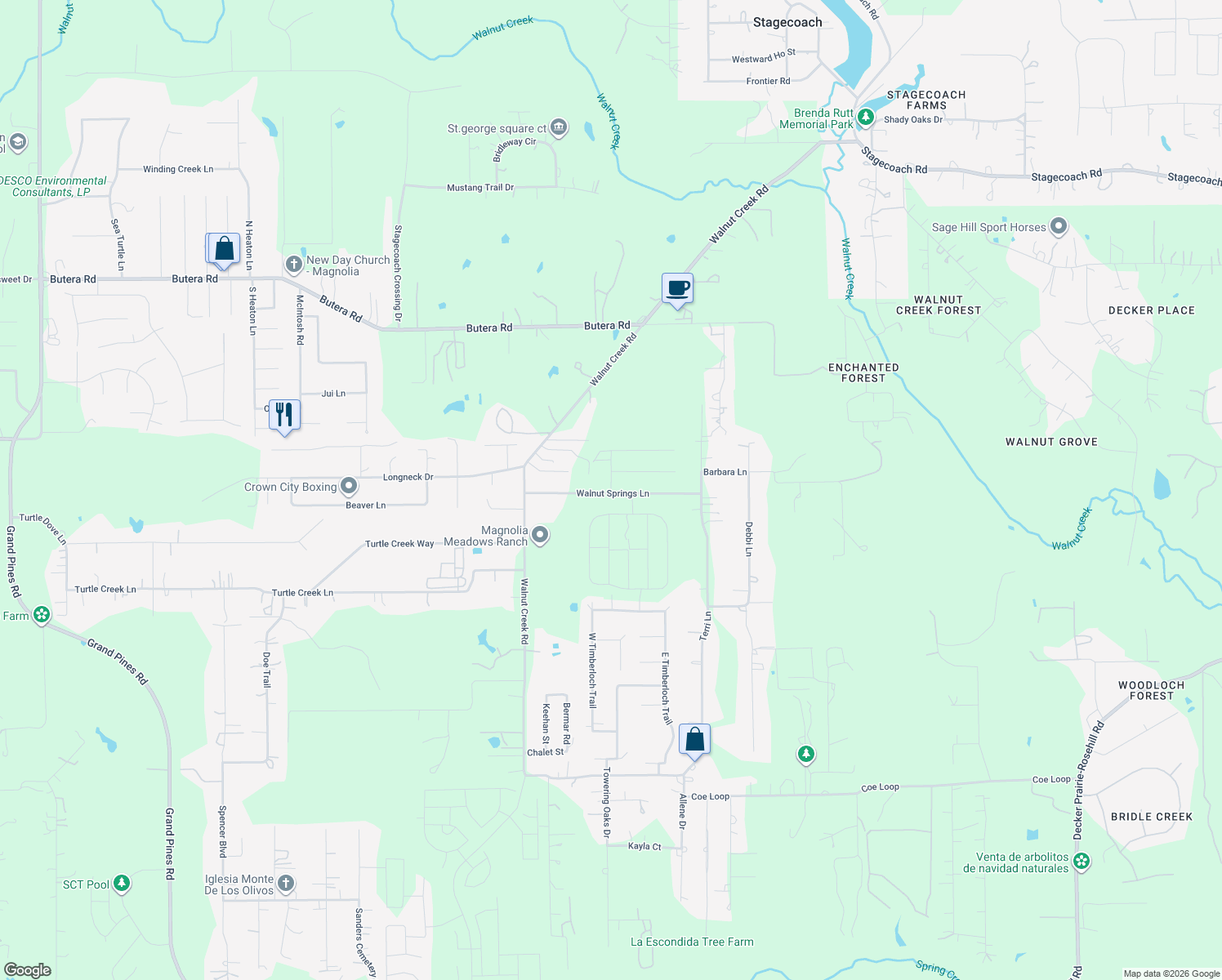 map of restaurants, bars, coffee shops, grocery stores, and more near 16402 Walnut Springs Lane in Magnolia