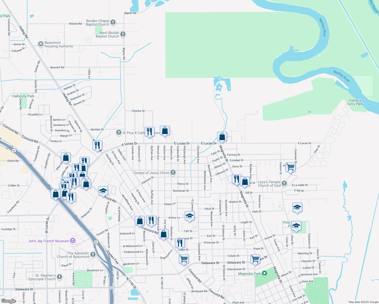 map of restaurants, bars, coffee shops, grocery stores, and more near 2369 Monroe Street in Beaumont