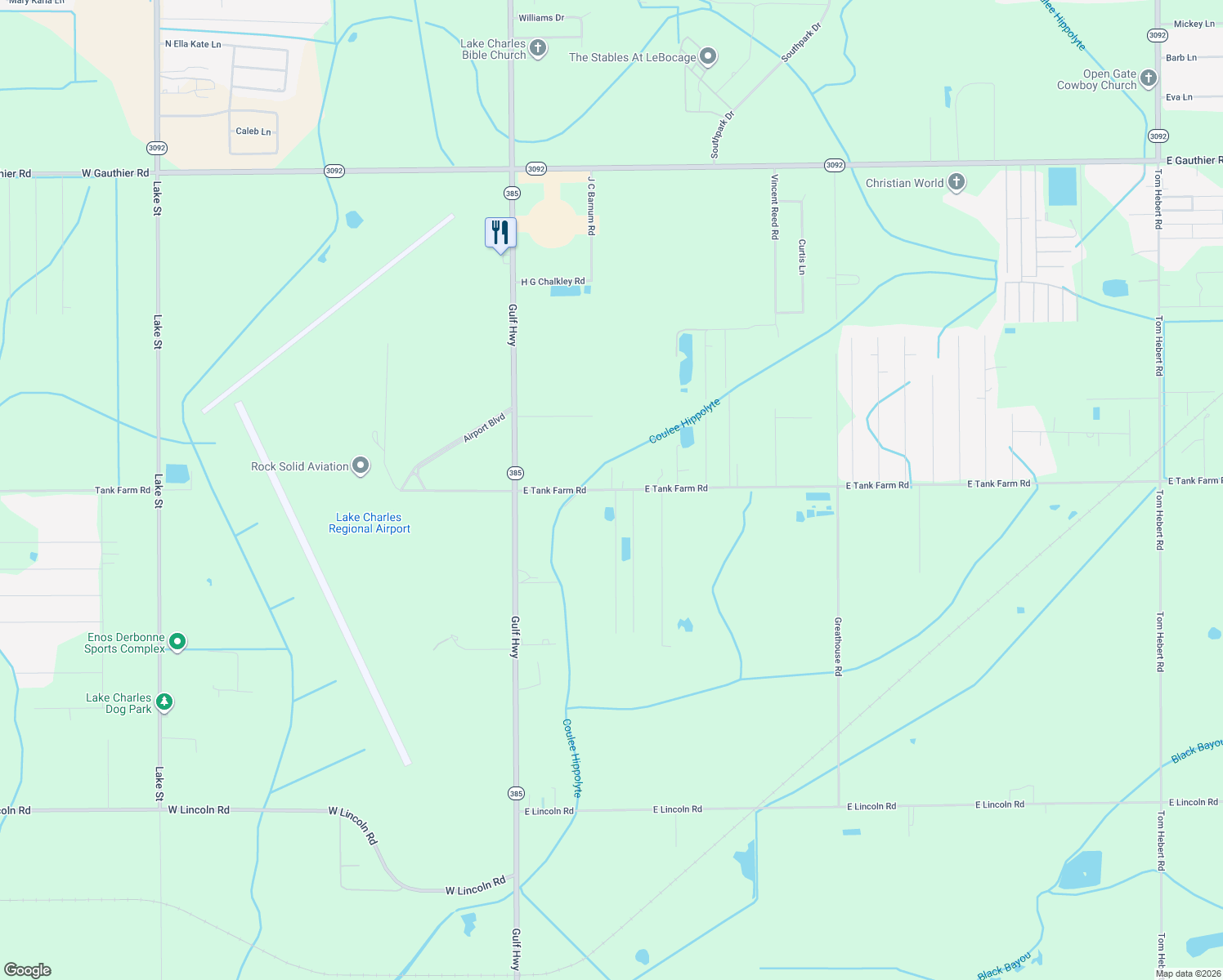 map of restaurants, bars, coffee shops, grocery stores, and more near 757 East Tank Farm Road in Lake Charles