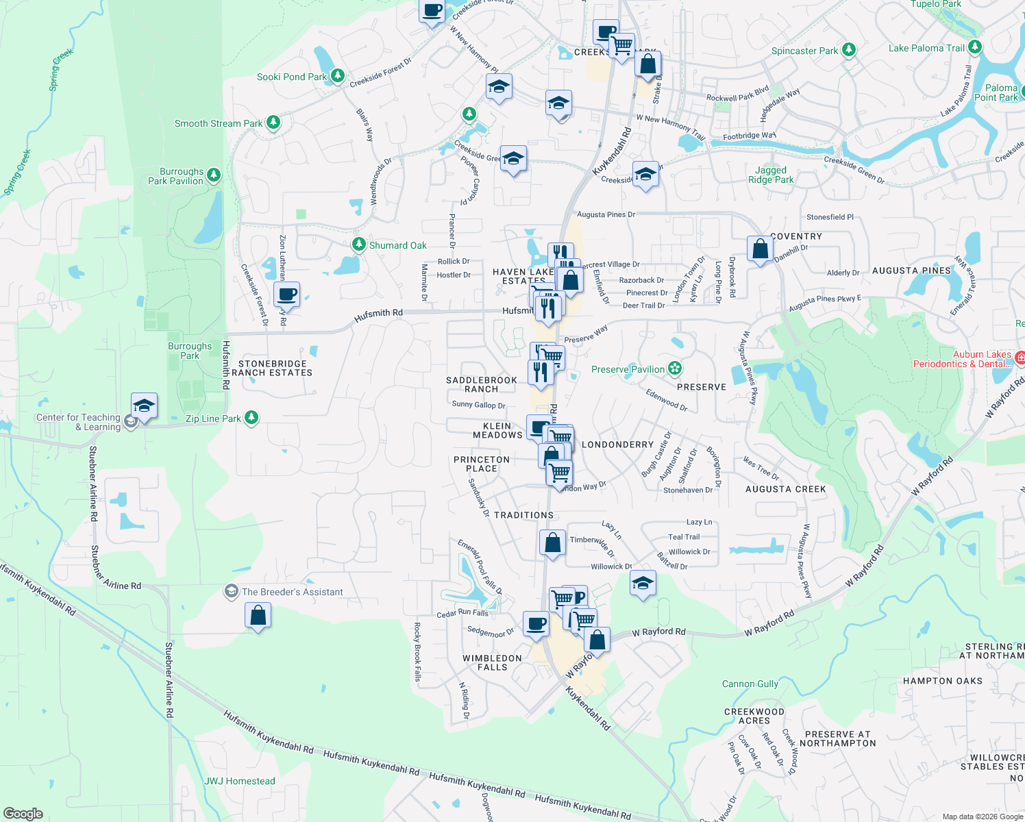 map of restaurants, bars, coffee shops, grocery stores, and more near 8607 Sunny Gallop Drive in Tomball
