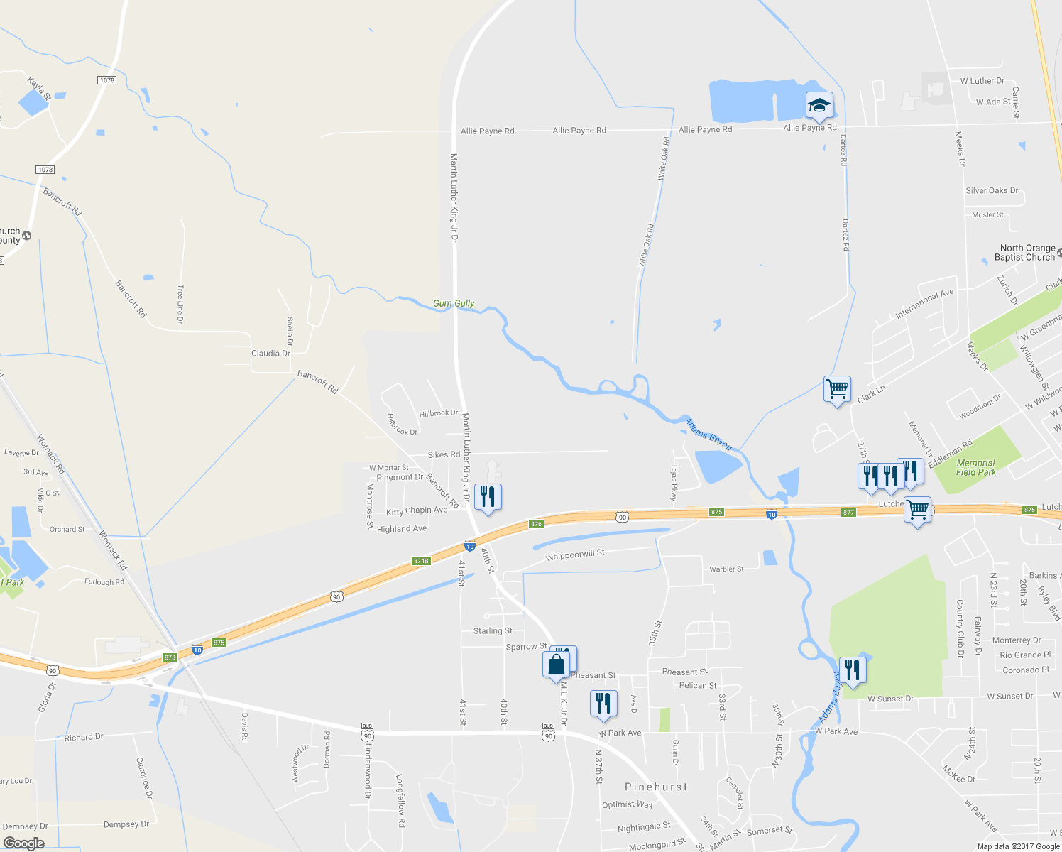 map of restaurants, bars, coffee shops, grocery stores, and more near 4020 Sikes Road in Orange