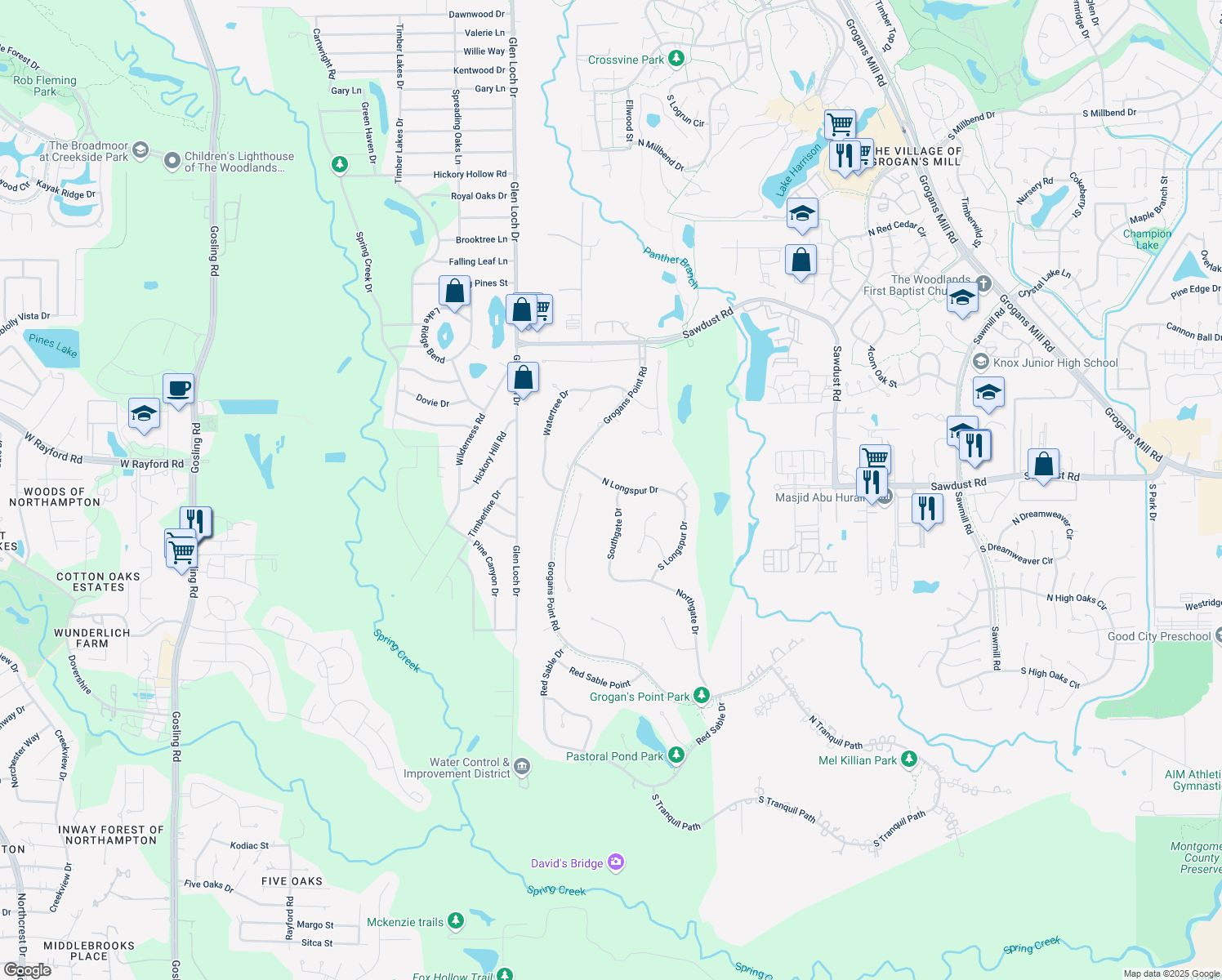 map of restaurants, bars, coffee shops, grocery stores, and more near 2 Southgate Drive in Spring