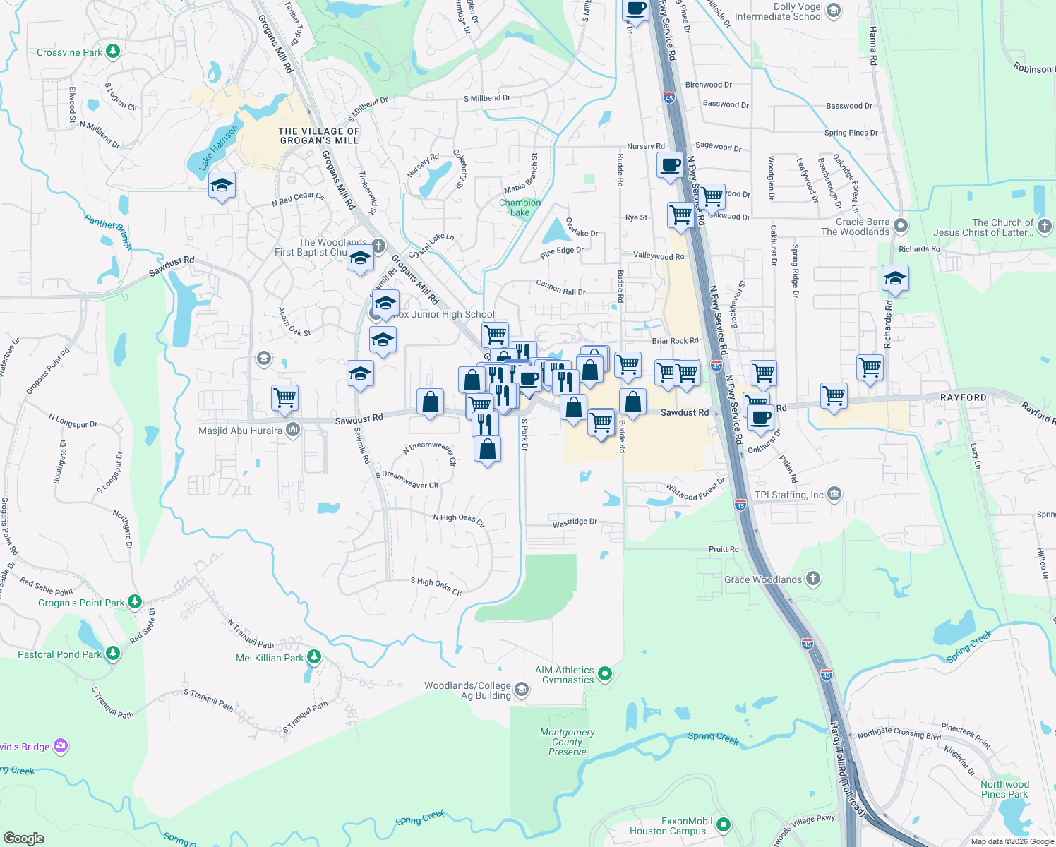 map of restaurants, bars, coffee shops, grocery stores, and more near 1005 South Park in The Woodlands