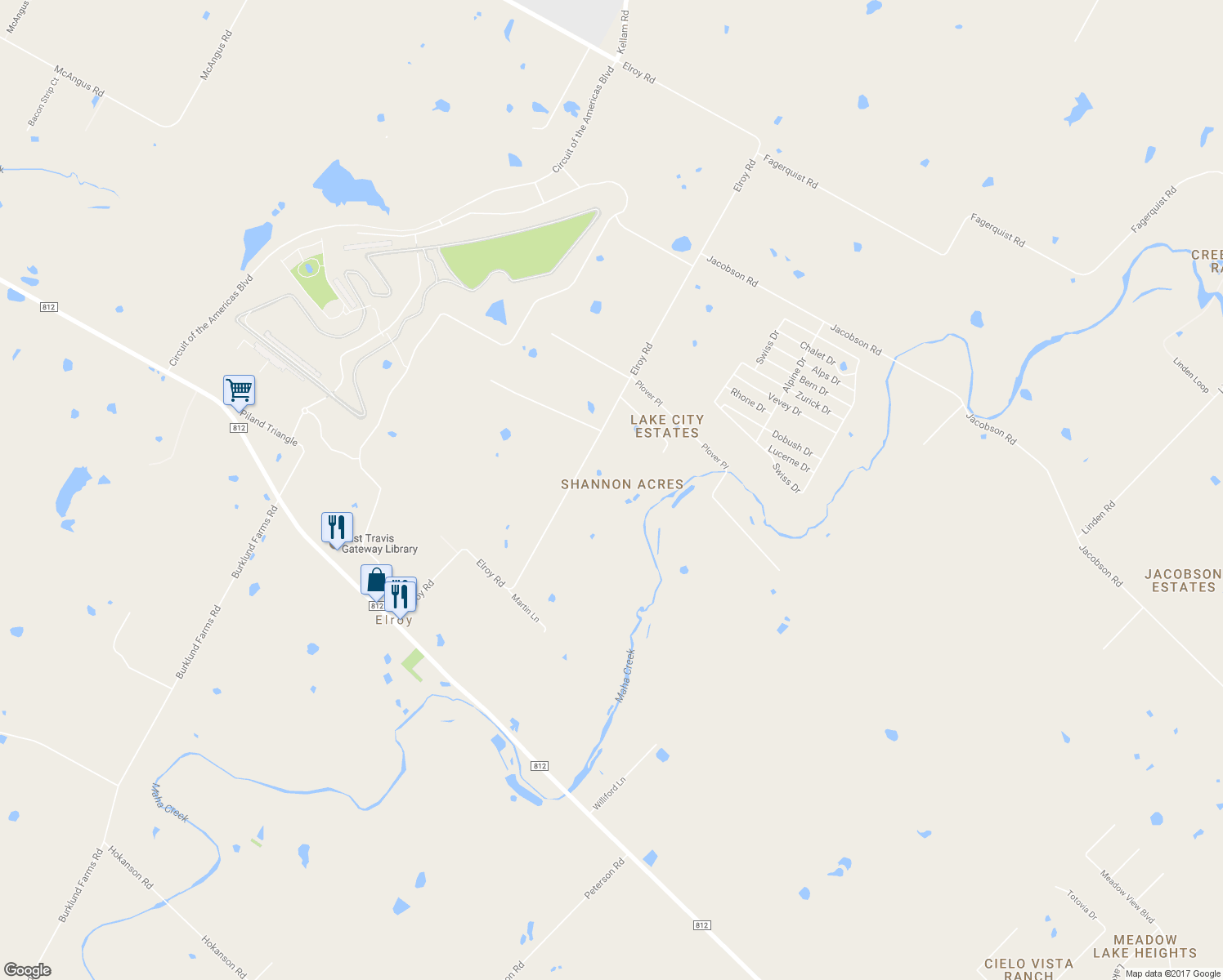 map of restaurants, bars, coffee shops, grocery stores, and more near 8707 Elroy Road in Travis County