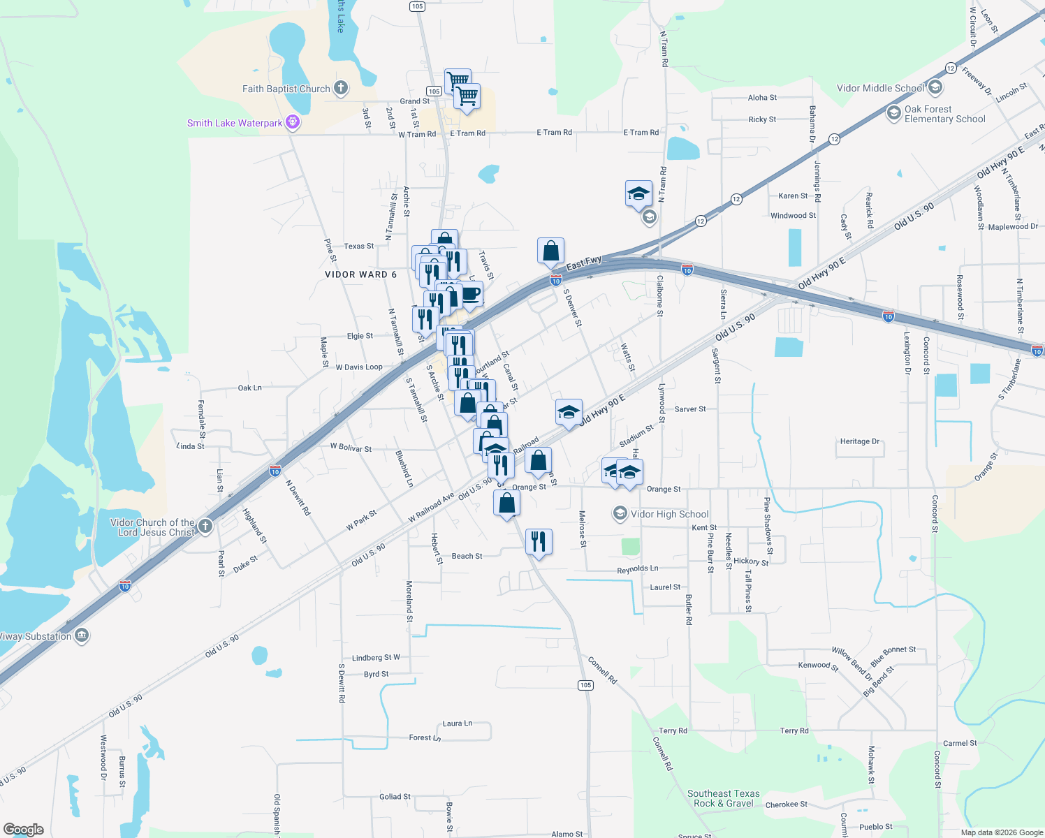 map of restaurants, bars, coffee shops, grocery stores, and more near 270 Chance St in Vidor