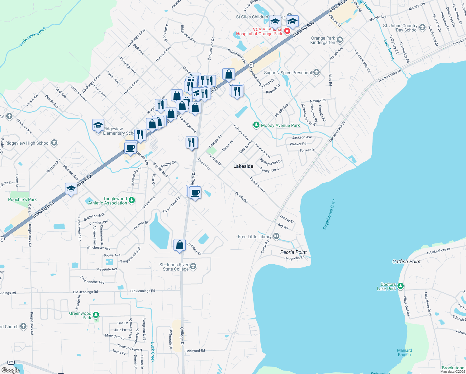 map of restaurants, bars, coffee shops, grocery stores, and more near 1319 Brandon Drive in Orange Park