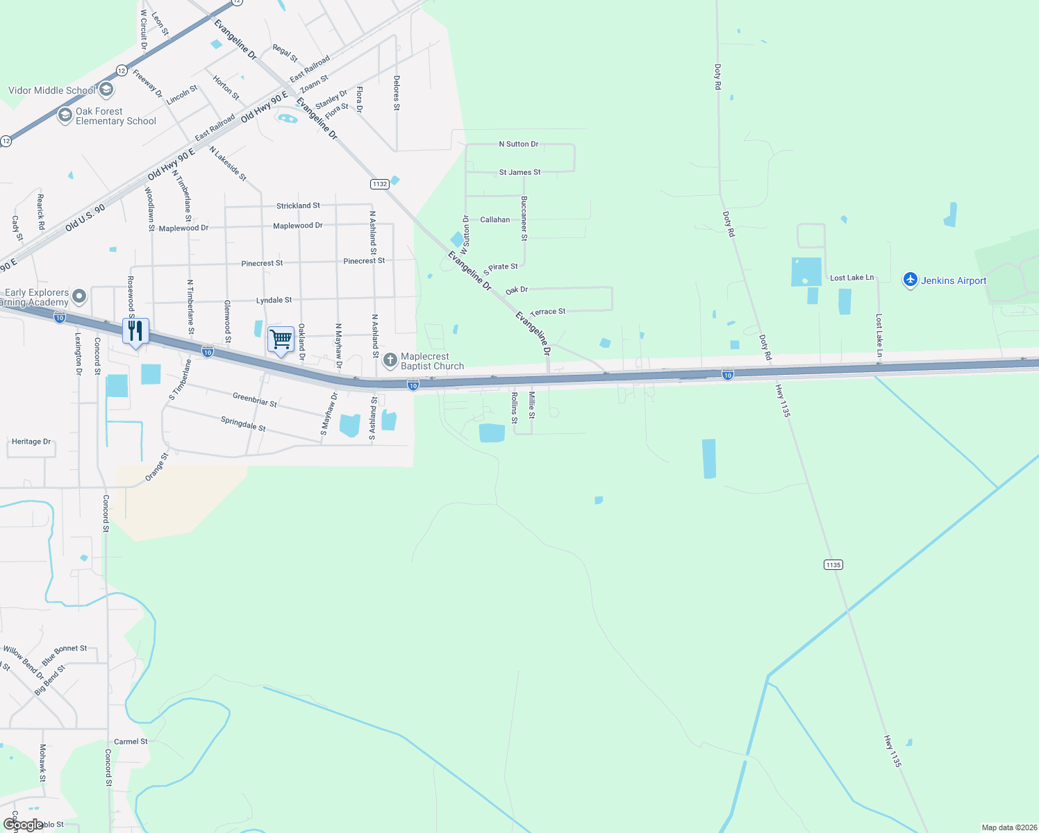 map of restaurants, bars, coffee shops, grocery stores, and more near 985 Rollins St in Vidor