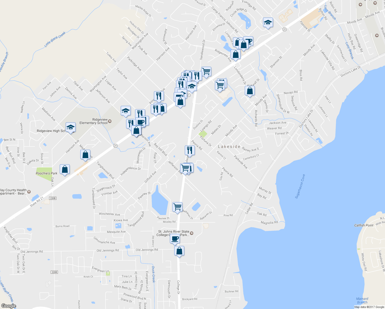 map of restaurants, bars, coffee shops, grocery stores, and more near 135 College Drive in Orange Park