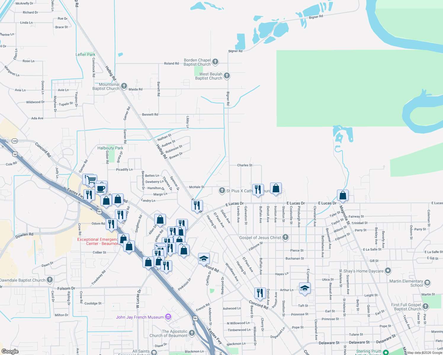 map of restaurants, bars, coffee shops, grocery stores, and more near 3345 Roslyn Court in Beaumont