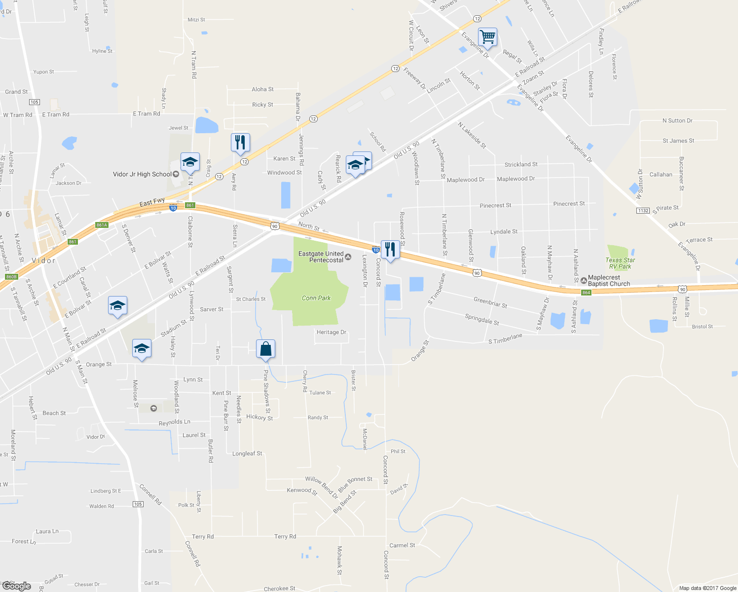 map of restaurants, bars, coffee shops, grocery stores, and more near 365 Lexington Drive in Vidor