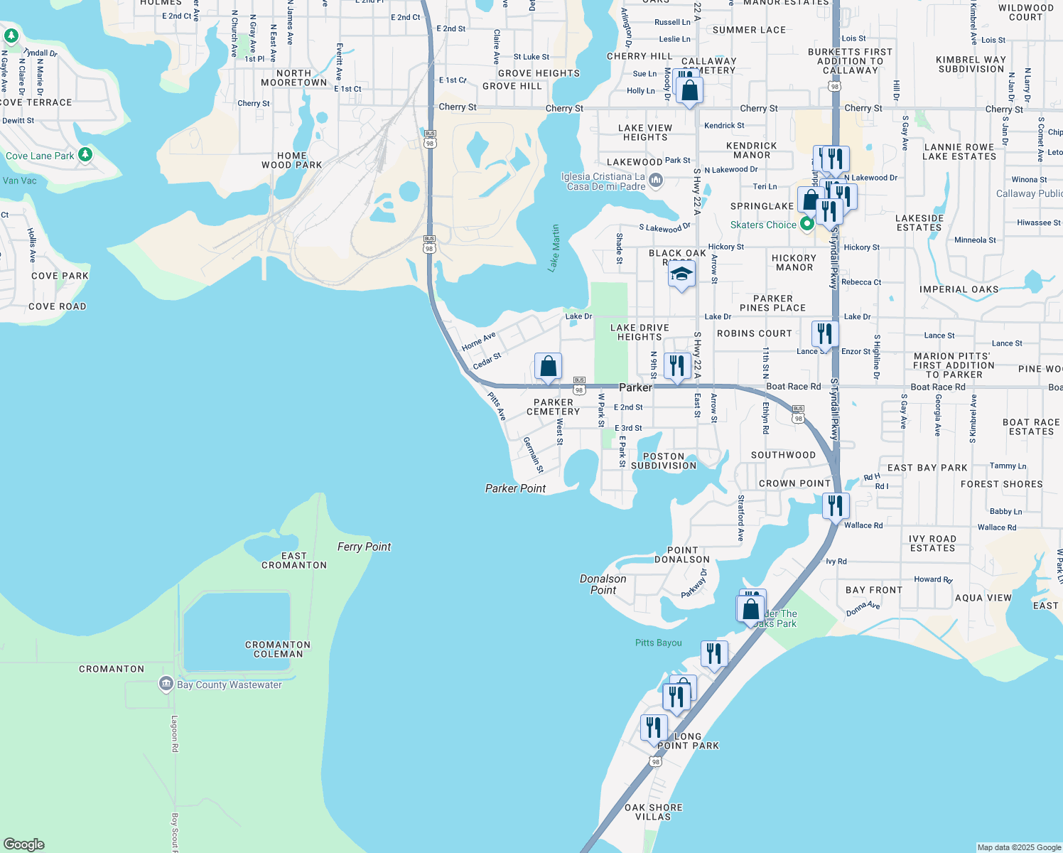 map of restaurants, bars, coffee shops, grocery stores, and more near 1029 Pitts Avenue in Panama City