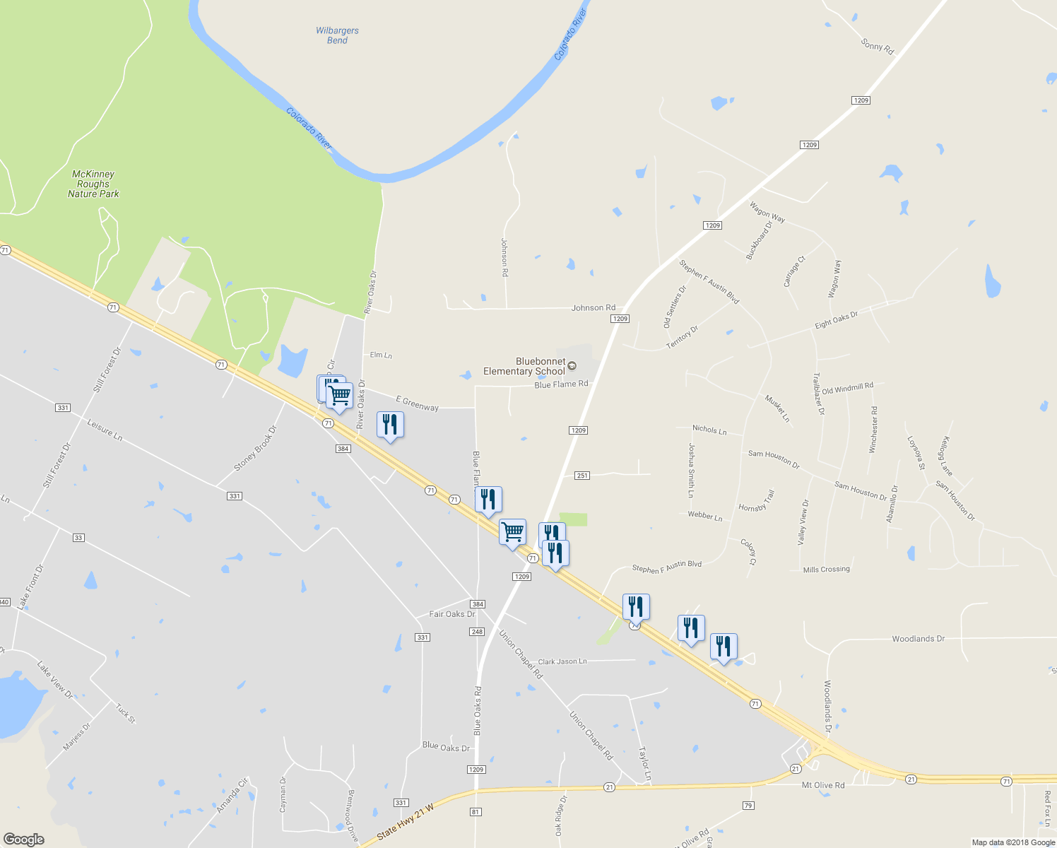 map of restaurants, bars, coffee shops, grocery stores, and more near 351 Blue Flame Road in Cedar Creek
