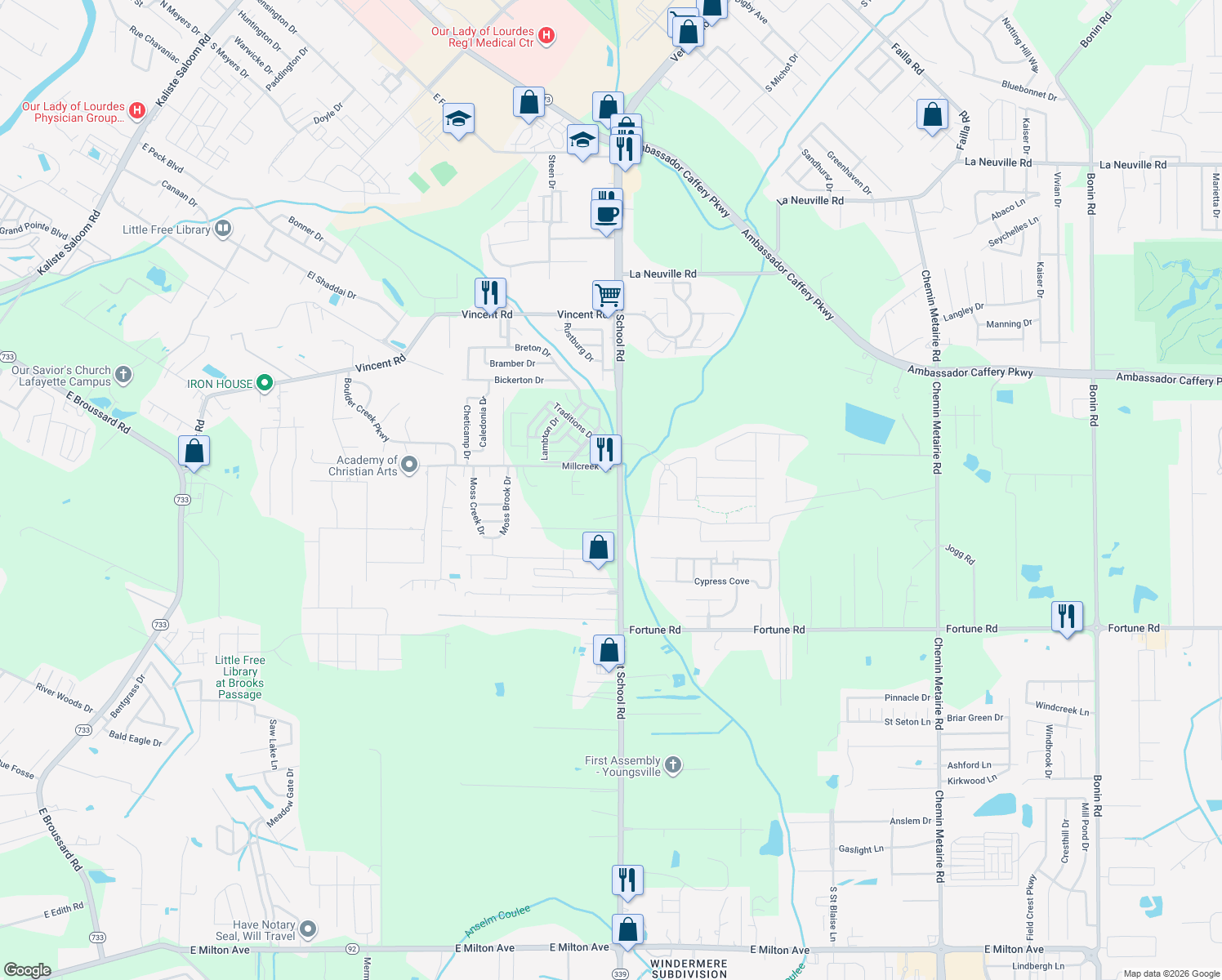 map of restaurants, bars, coffee shops, grocery stores, and more near 3216 Verot School Road in Lafayette