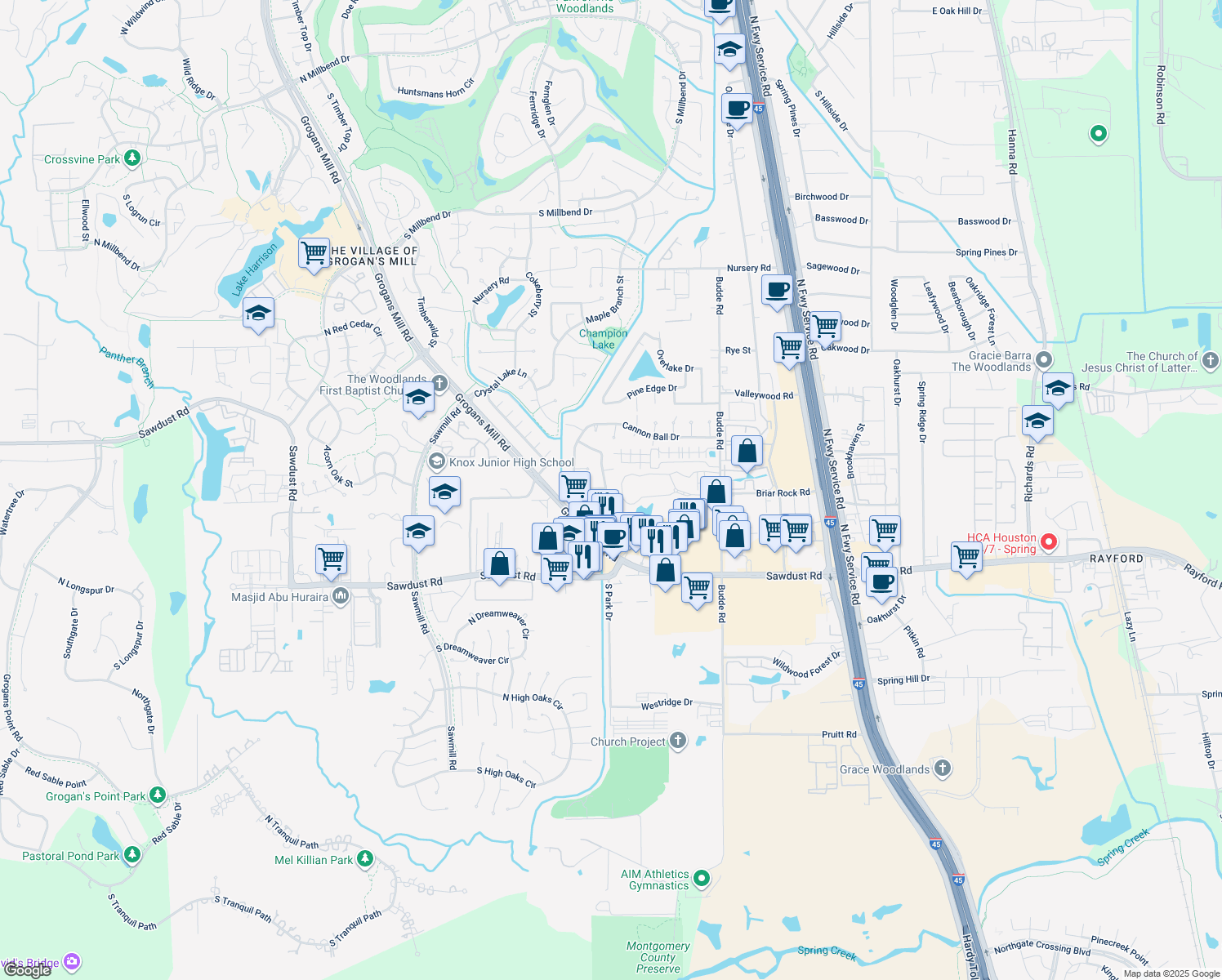 map of restaurants, bars, coffee shops, grocery stores, and more near 25330 Elm Creek Drive in Spring