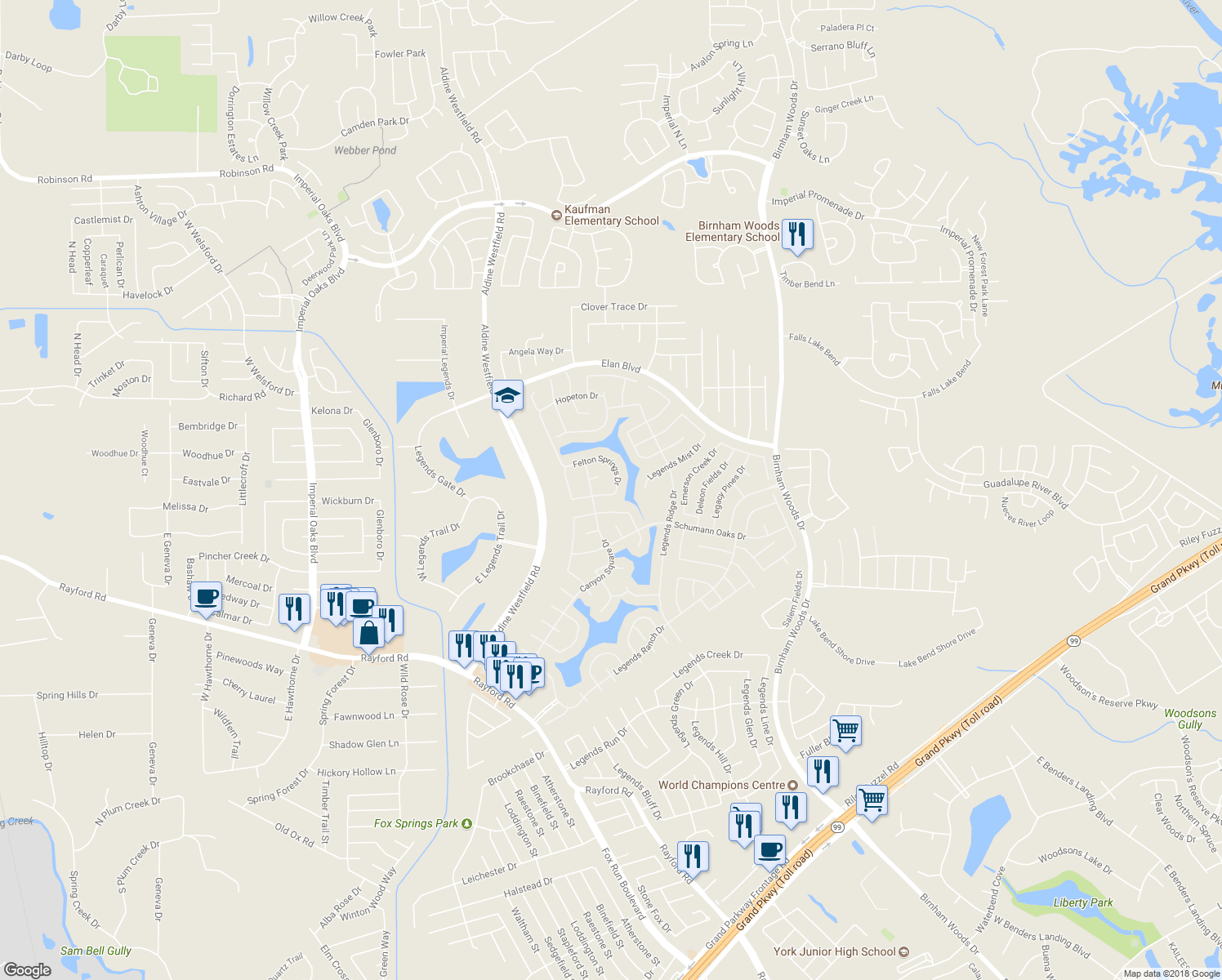 map of restaurants, bars, coffee shops, grocery stores, and more near 3119 Lenora Springs Drive in Spring