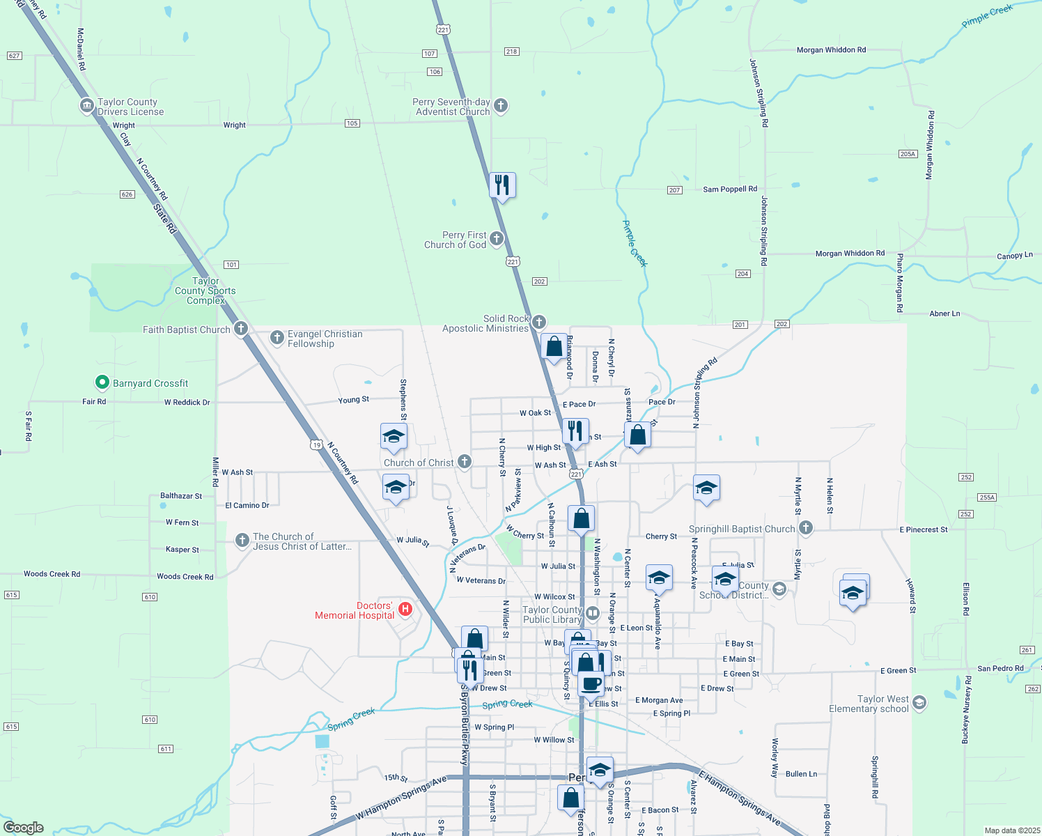 map of restaurants, bars, coffee shops, grocery stores, and more near 203 West Oak Street in Perry