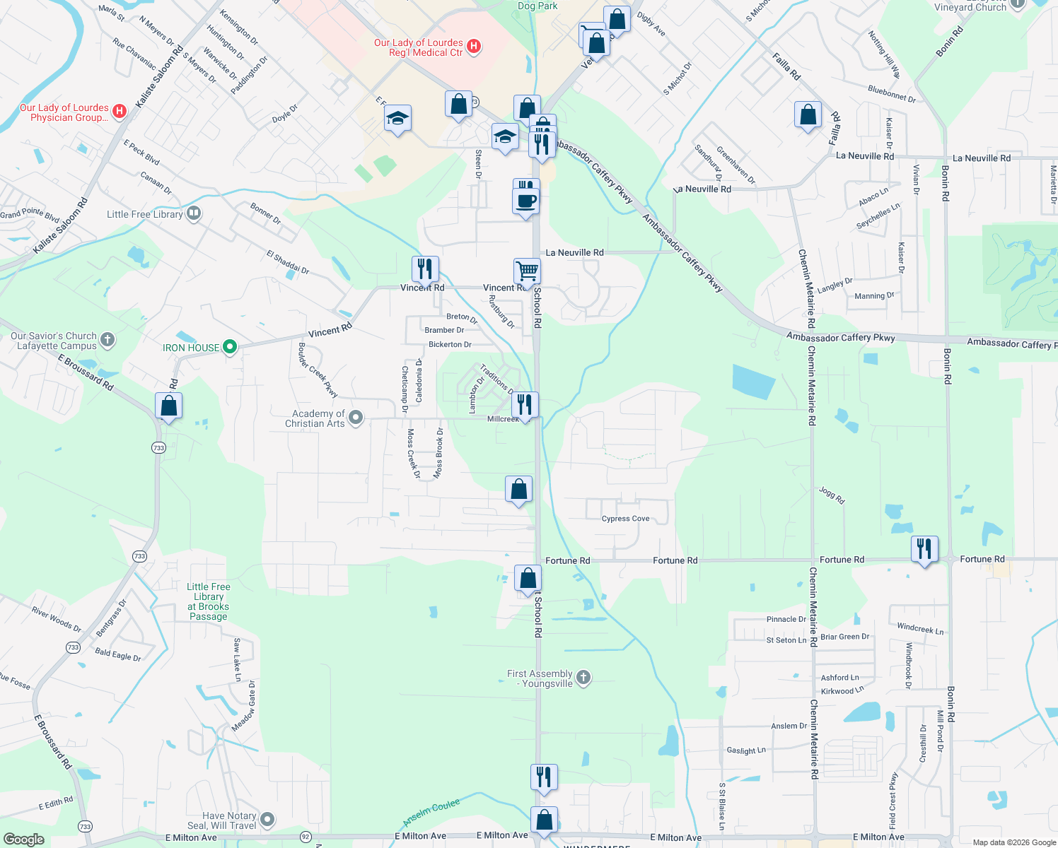 map of restaurants, bars, coffee shops, grocery stores, and more near 3200 Verot School Road in Lafayette