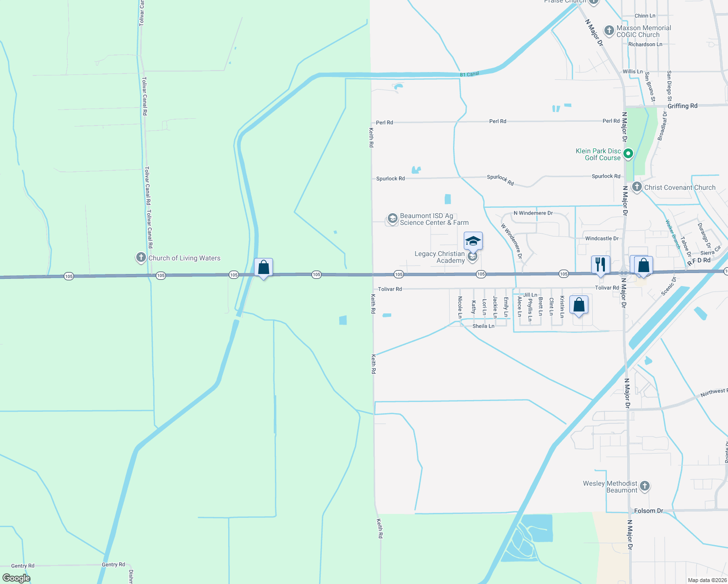 map of restaurants, bars, coffee shops, grocery stores, and more near 11303 Keith Road in Beaumont