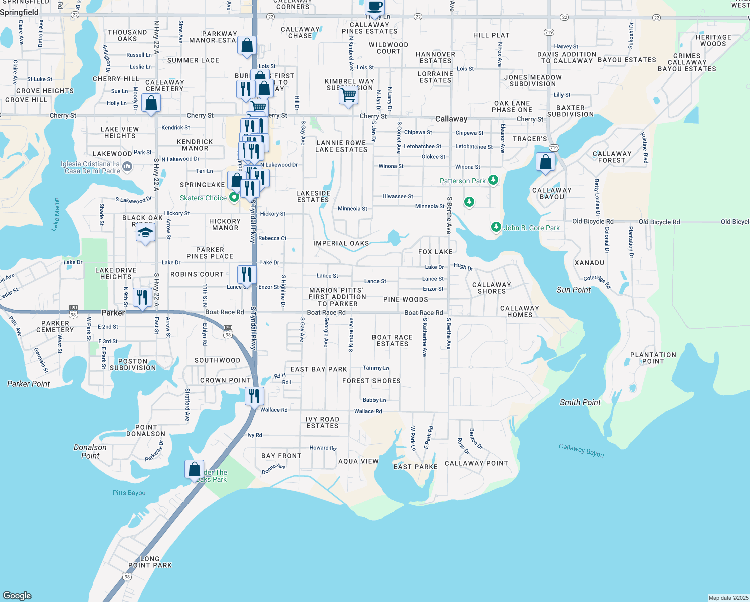 map of restaurants, bars, coffee shops, grocery stores, and more near 6300 Pridgen Street in Panama City