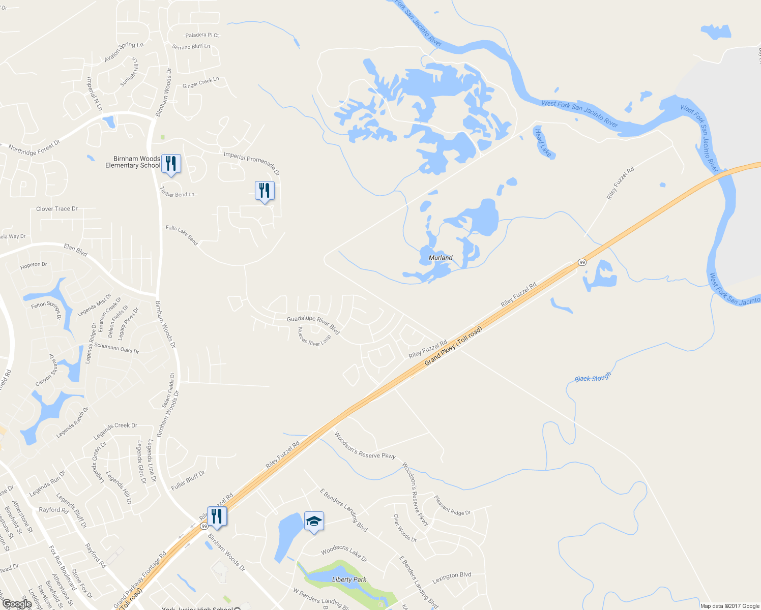 map of restaurants, bars, coffee shops, grocery stores, and more near 29022 San Jacinto River Court in Spring