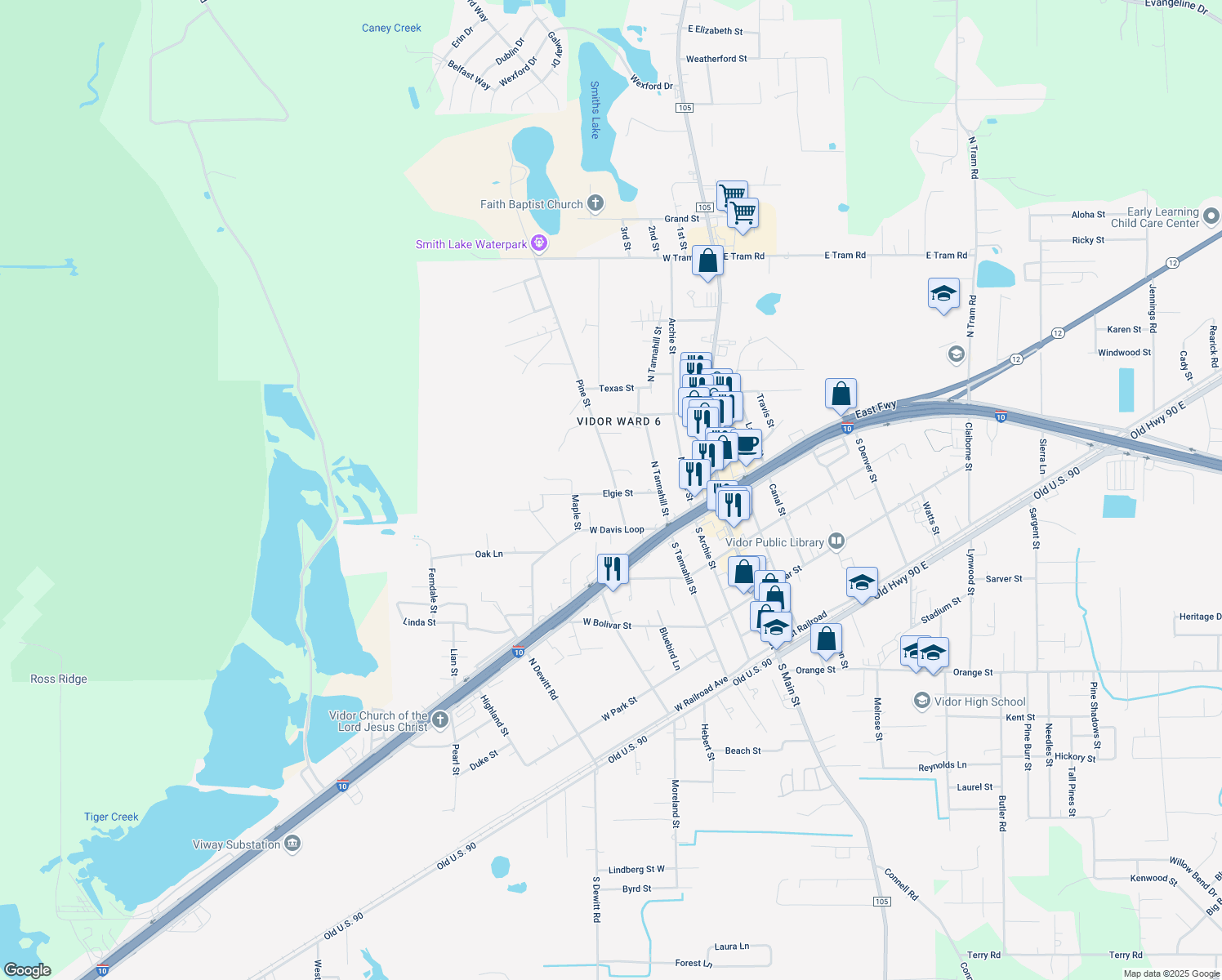 map of restaurants, bars, coffee shops, grocery stores, and more near 410 Elgie St in Vidor