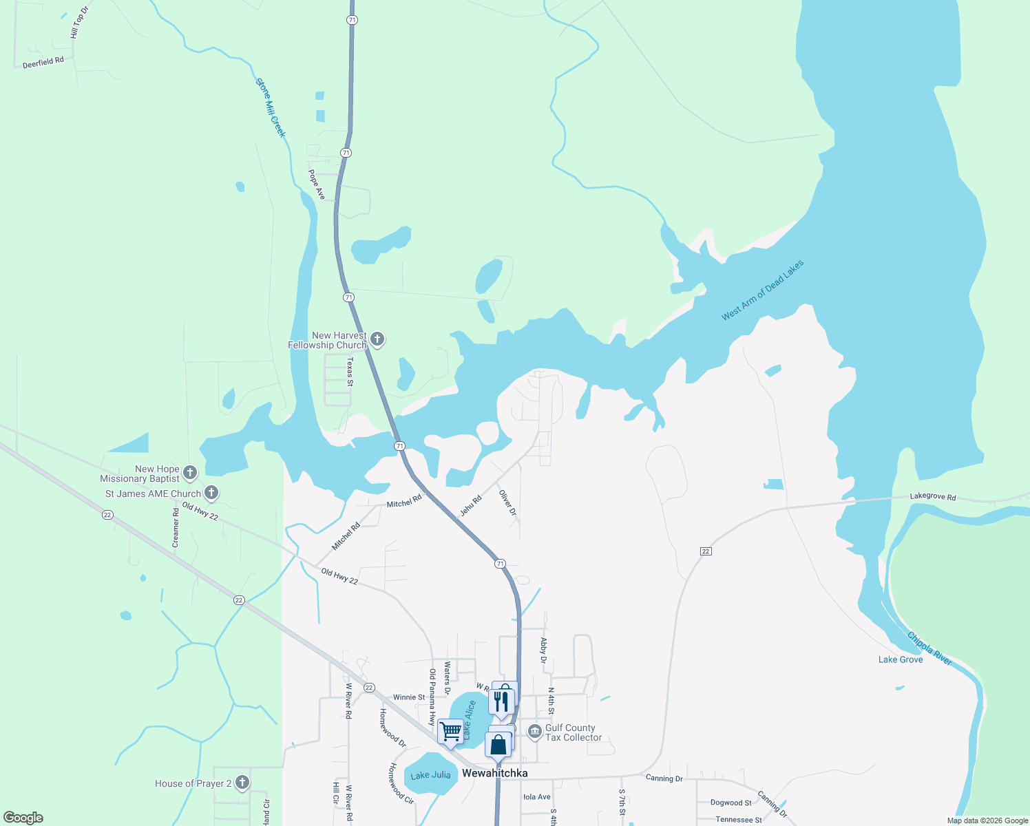 map of restaurants, bars, coffee shops, grocery stores, and more near 101 Dorsey Drive in Wewahitchka