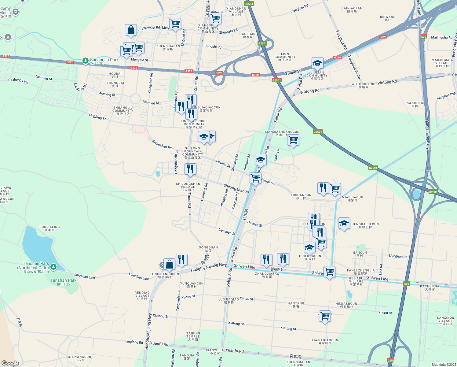 map of restaurants, bars, coffee shops, grocery stores, and more near Shan Jing Lu in Hang Zhou Shi