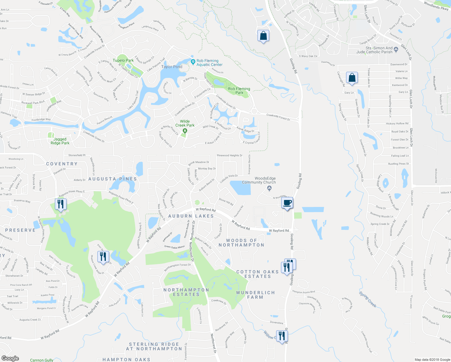 map of restaurants, bars, coffee shops, grocery stores, and more near 6415 Loblolly Vista Dr in Spring