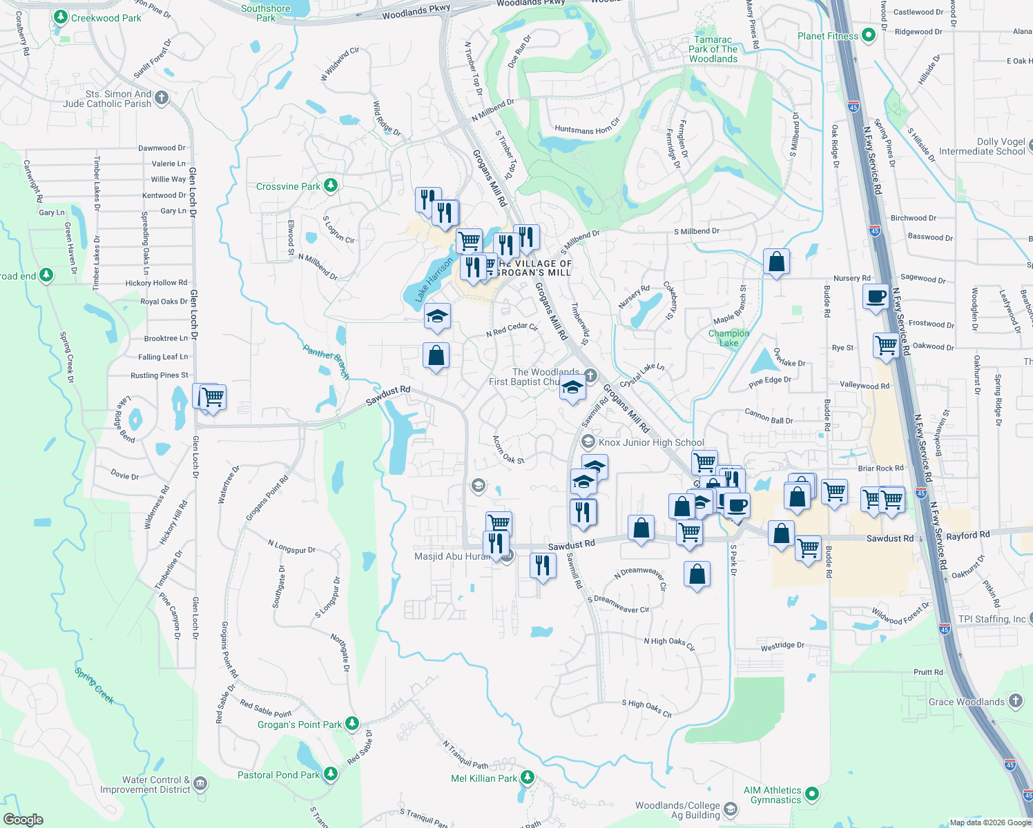 map of restaurants, bars, coffee shops, grocery stores, and more near 2306 Chestnut Oak Place in Spring
