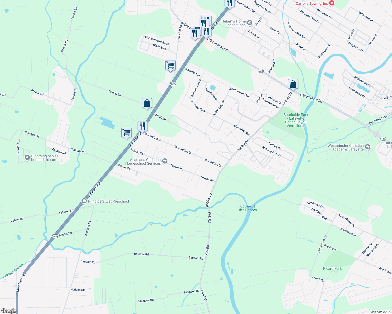 map of restaurants, bars, coffee shops, grocery stores, and more near 300 Constitution Dr in Lafayette