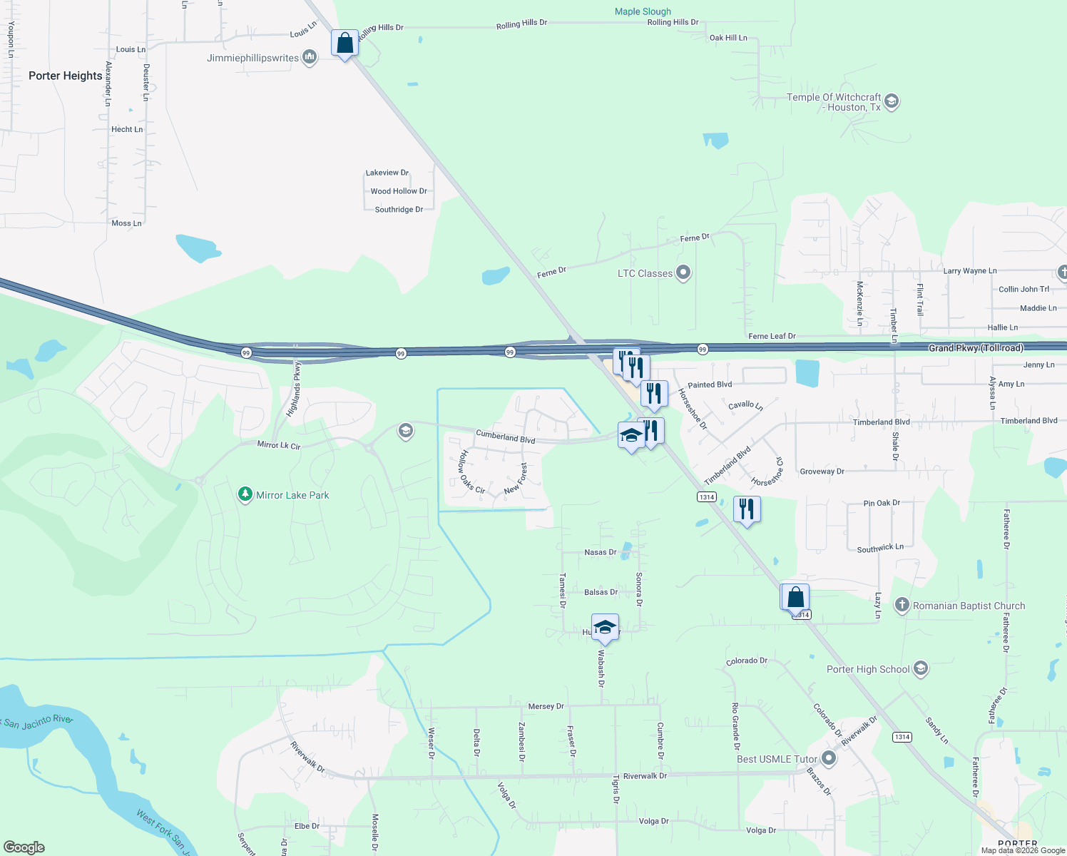 map of restaurants, bars, coffee shops, grocery stores, and more near 21818 Raven Tree Court in Porter